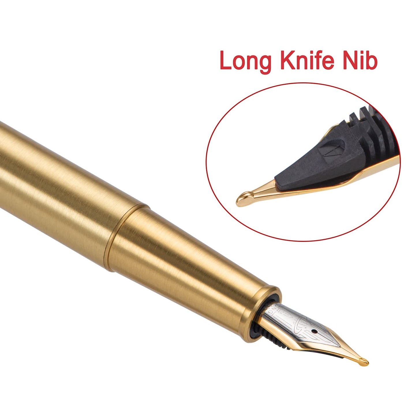 Hongdian 1861 Brass Fountain Pen Long Blade Nib, Classic Design Smooth Writing Pen with Converter