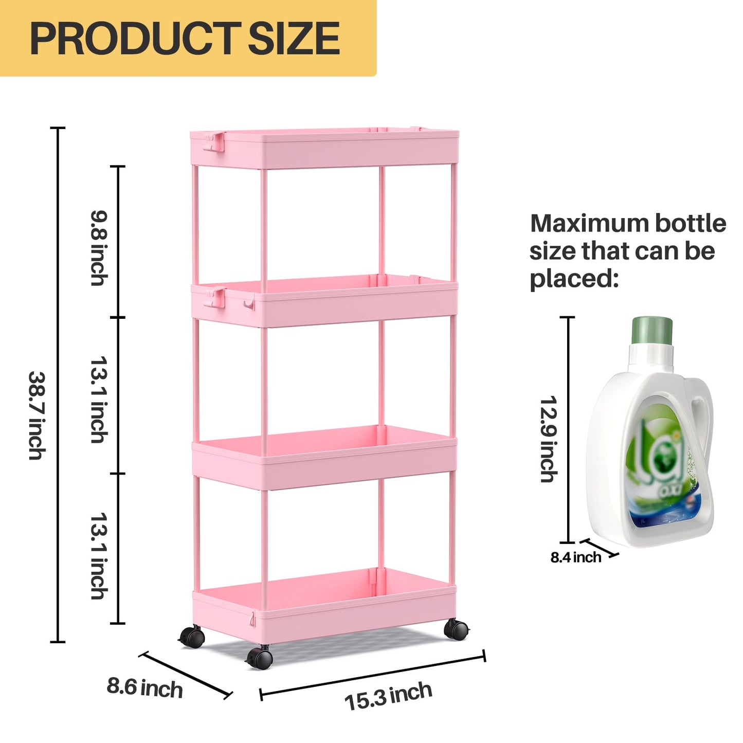 SPACEKEEPER 4 Tier Rolling Cart, Bathroom Cart Organizer with Wheels, Pink