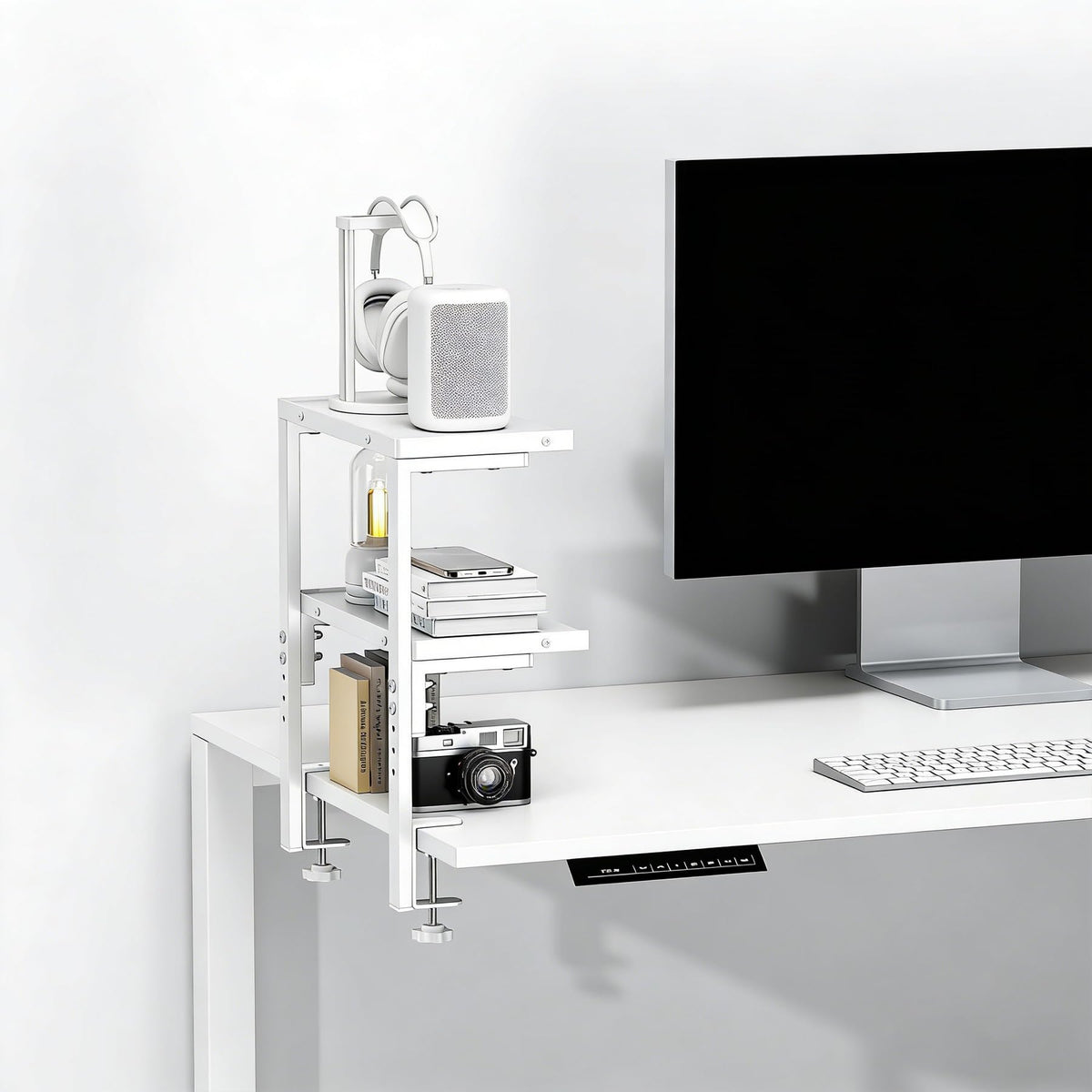 Spacrea Clamp on Desk Shelf, 2 Tier Office Desk Shelves Organizer, Wood Desktop Supplies Storage