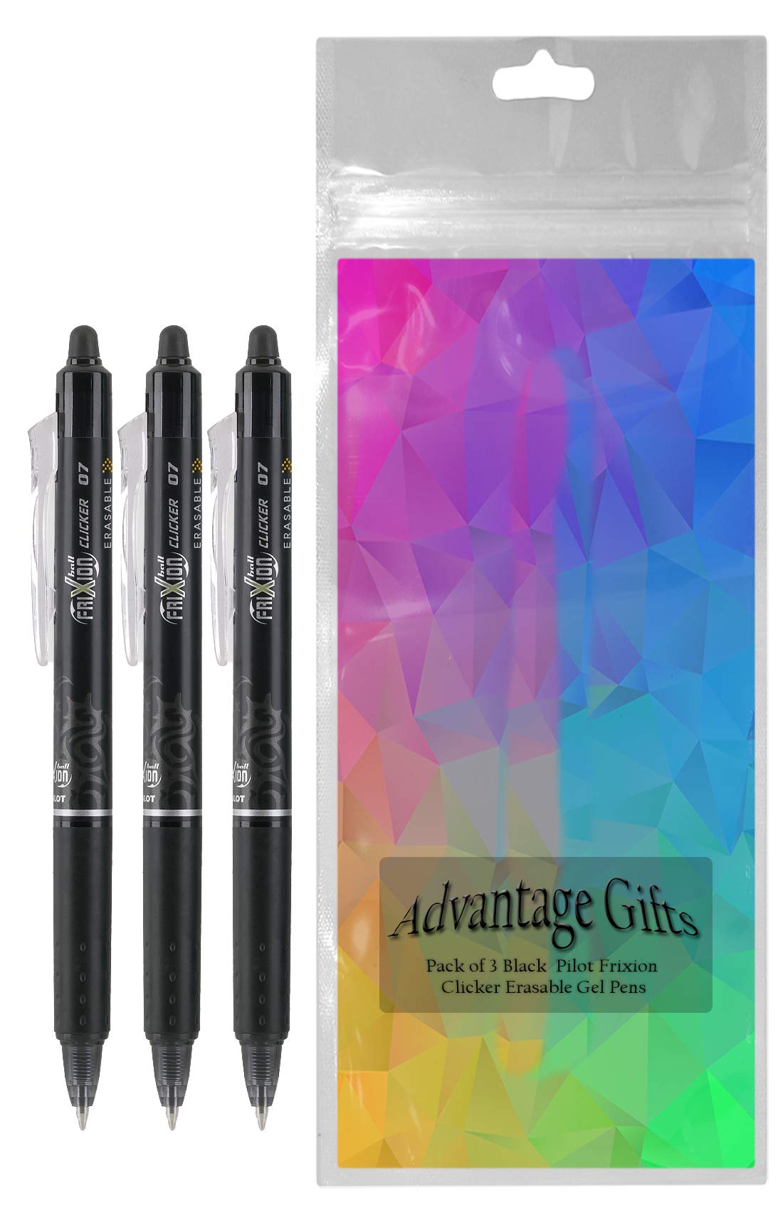 Advantage Gifts Clicker Retractable Erasable Gel Pens Fine Point (.7mm) Black Ink 3-pk;