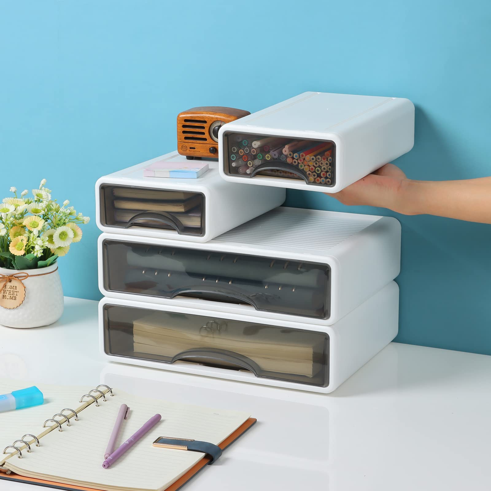 OSteed White Desktop Drawer Organizer Unit for Office Paper and Supplies