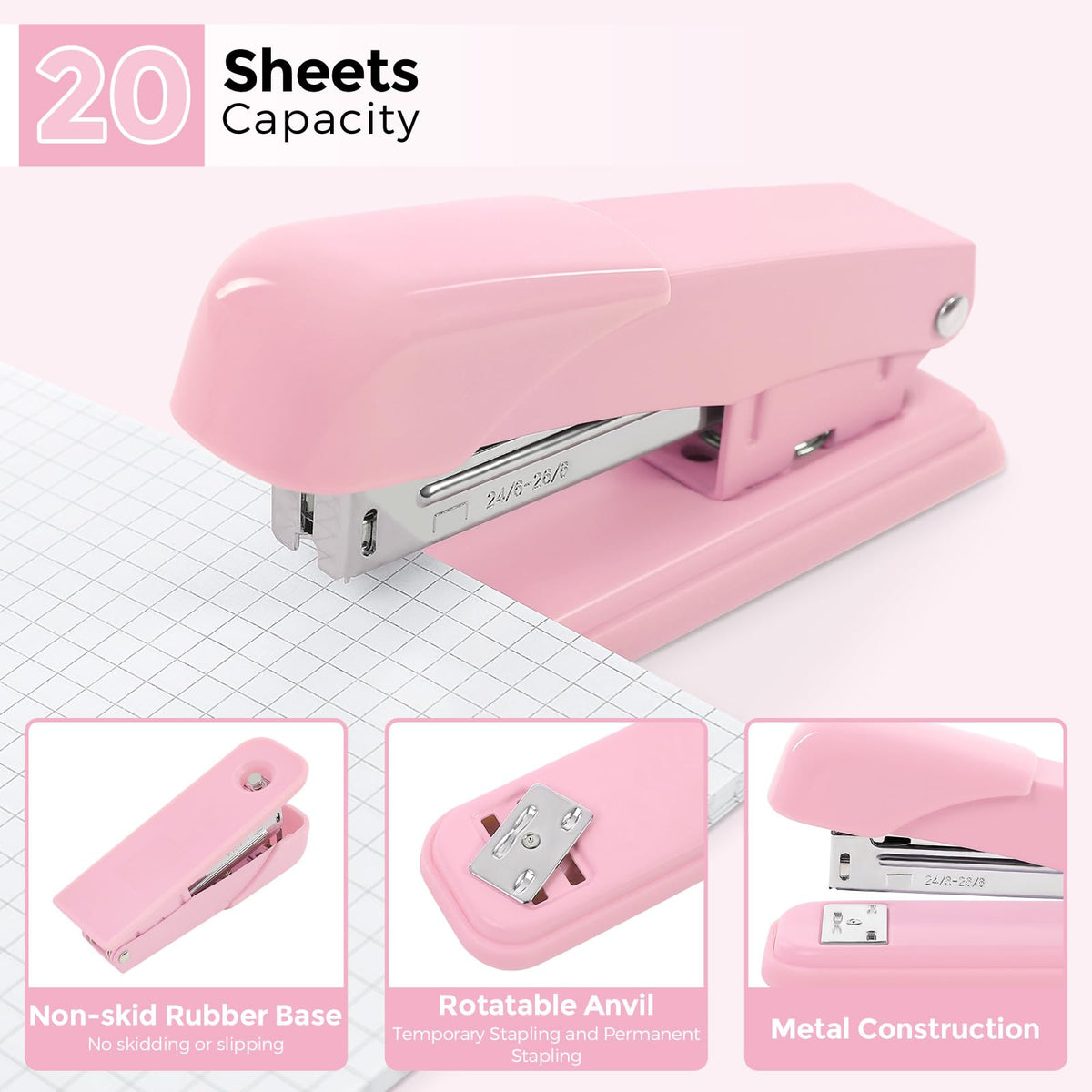 SKYDUE Pink Office Supplies Set, Pencil Holder for Desk,Gel Pen, Stapler, Tape Dispenser