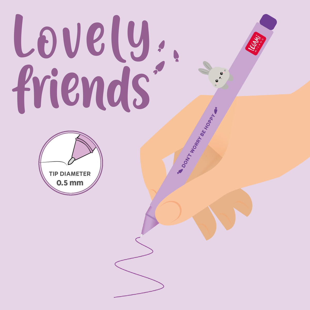 Legami - Animal Decorative Gel Pen - Lovely Friends, Bunny Theme, No Roller, Violet Ink, Removable