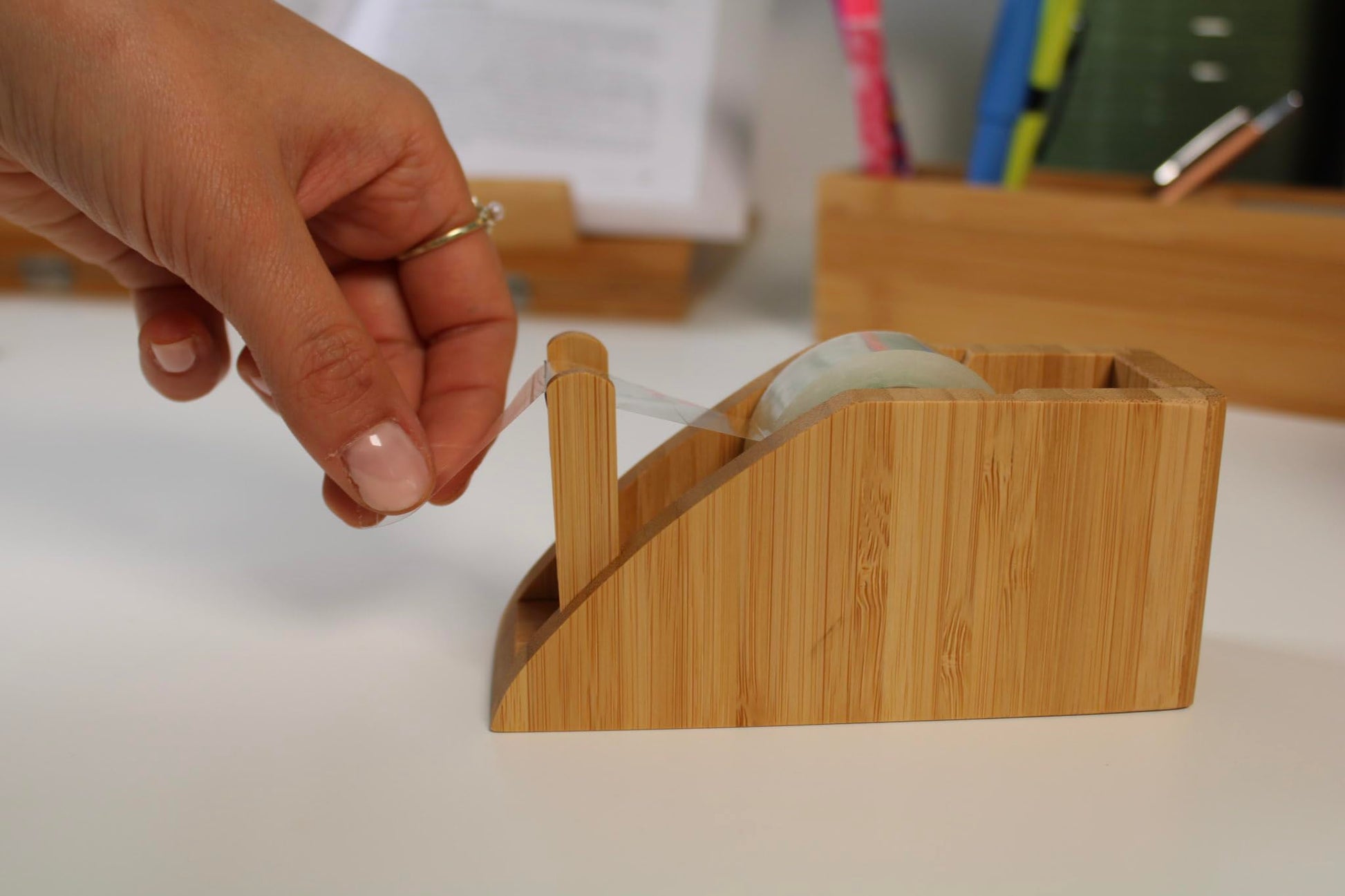 WEDO 061907 Bamboo Tape Dispenser with Adhesive Tape Brown