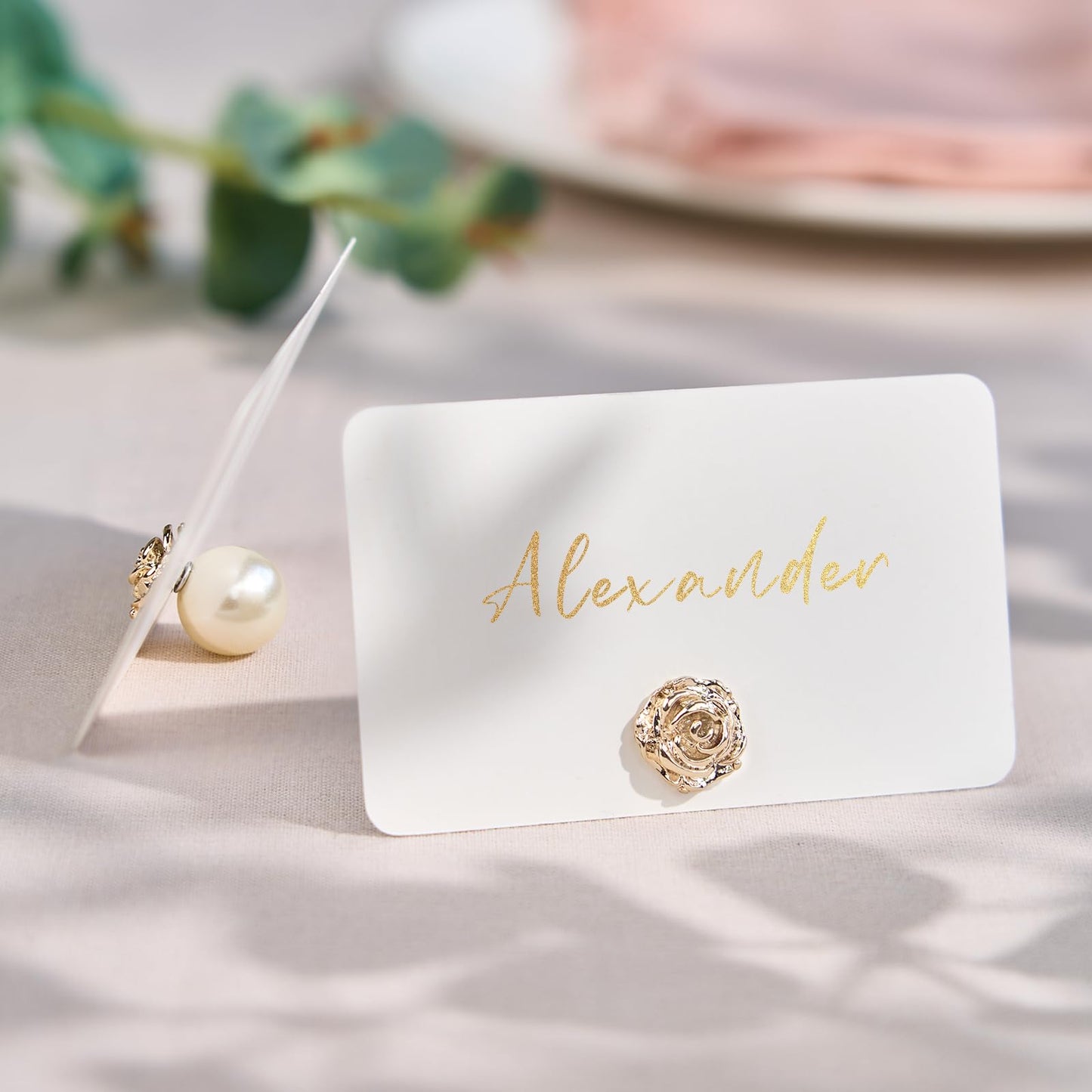 UNIQOOO 24Pcs Decorative Rose Floral Place Card Holders Bulk, Luxury Gold Metal Name Card Stands