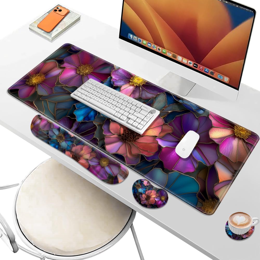 Desk Pad and Keyboard Wrist Rest, Large Mouse Pad + Keyboard Pad+Mouse Wrist Support, Non-Slip Desk