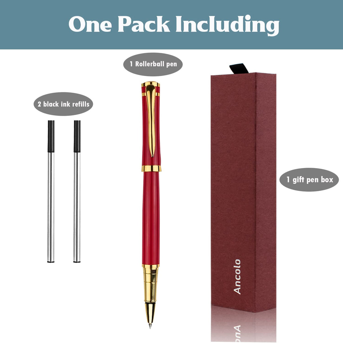 Ancolo Luxury Pen Set- High End Gift Box, Red Color, Refillable, Black Ink Refill Included - 0.7