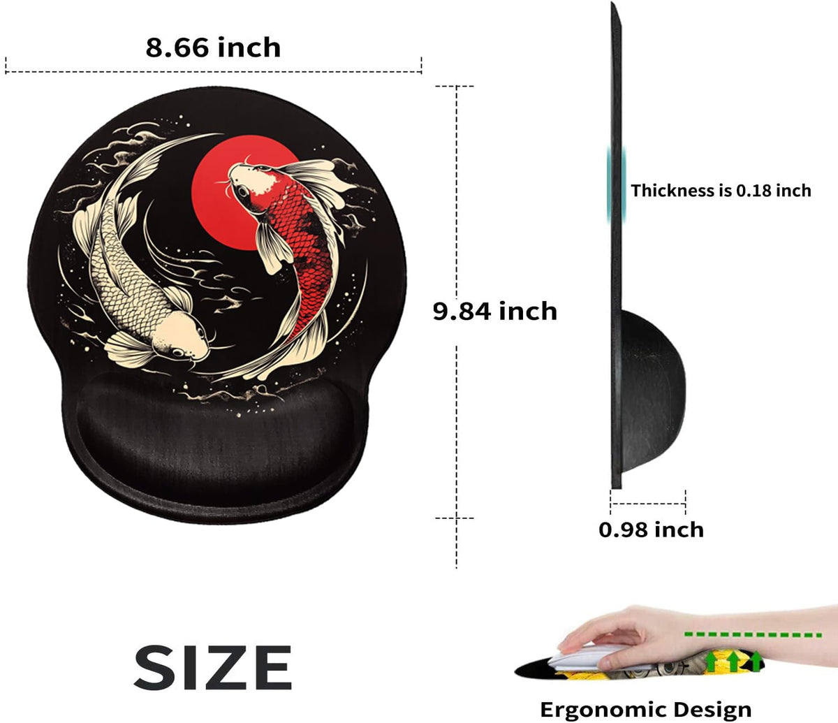 Koi Fish Mouse Pad with Wrist Support Ergonomic Mousepad Wrist Rest Carp Gel Mouse Mat Gaming