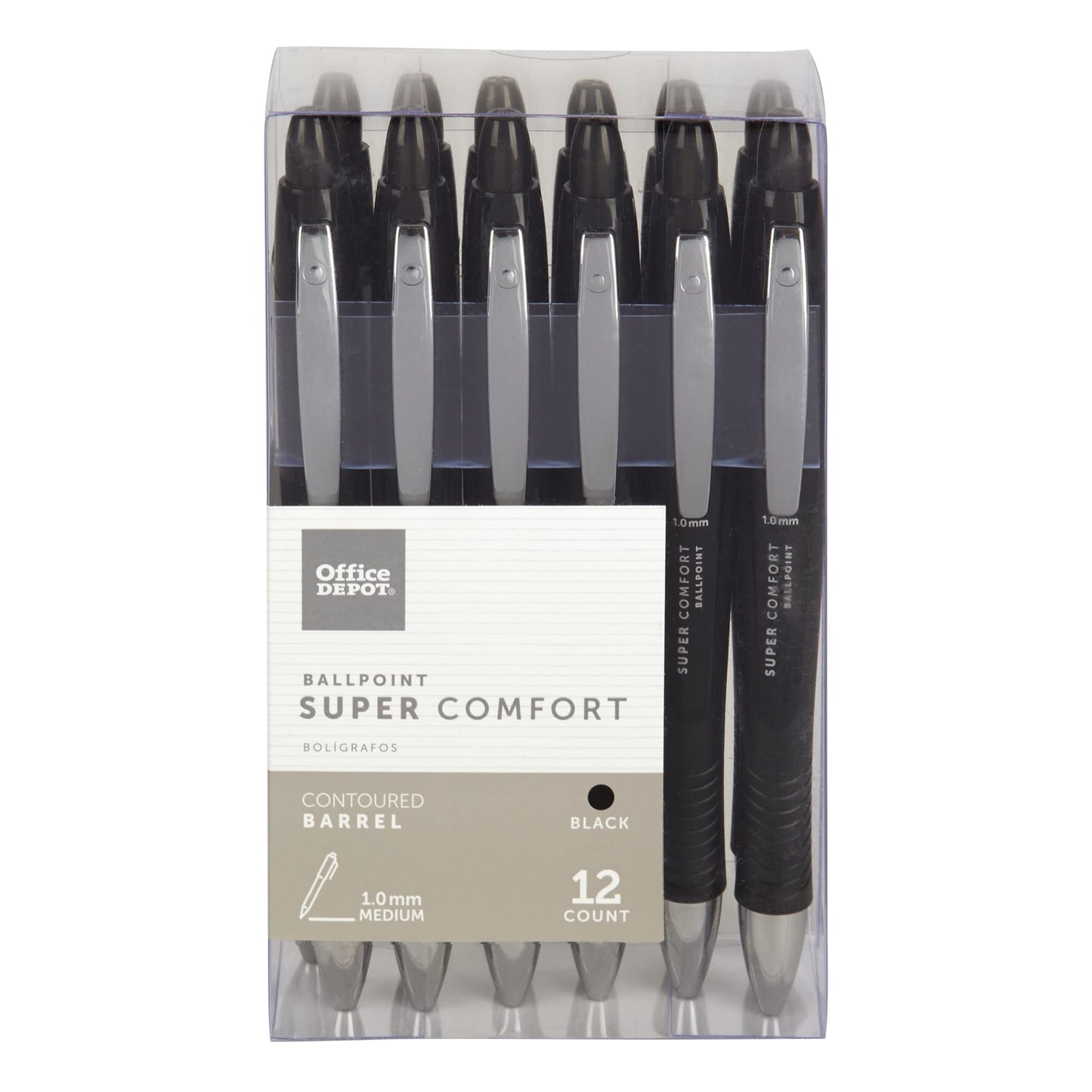 Office Depot Super Comfort Grip Retractable Ballpoint Pens, 1.0 mm, Medium Point, Black Ink, 12 pk