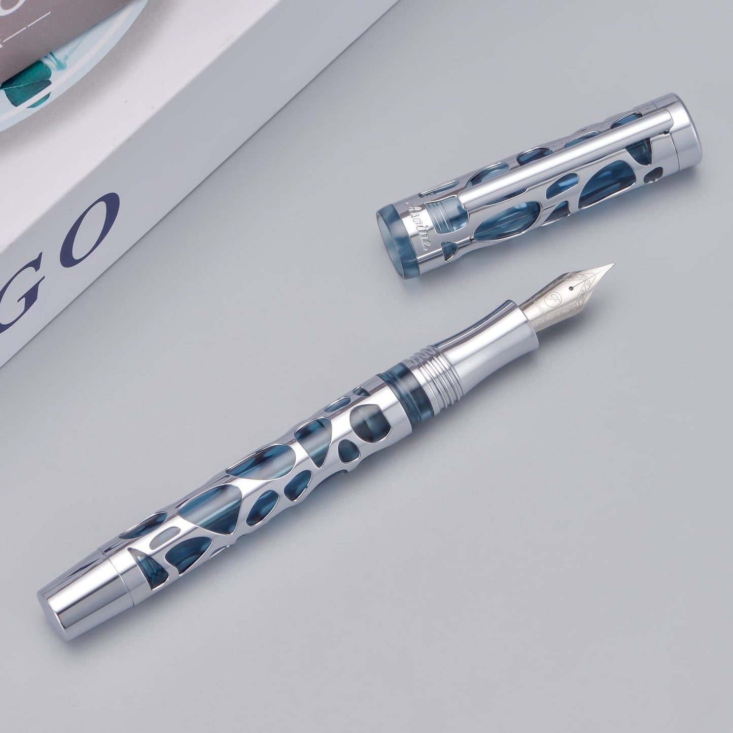 Asvine V169 Vacuum Filling Fountain Pen Fine Nib, Water Drop Skeleton Transparent Gray Blue Acrylic