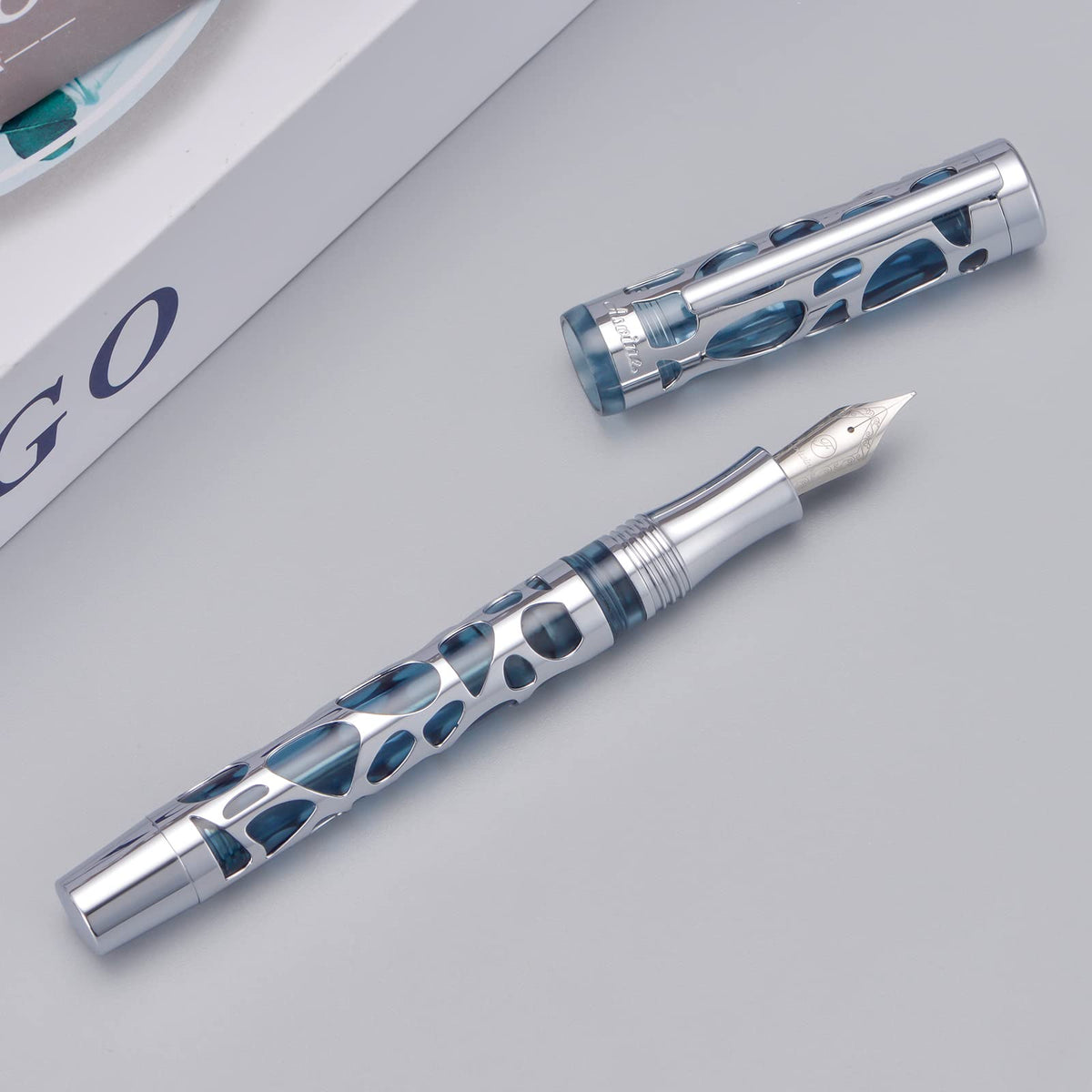 Asvine V169 Vacuum Filling Fountain Pen Fine Nib, Water Drop Skeleton Transparent Gray Blue Acrylic