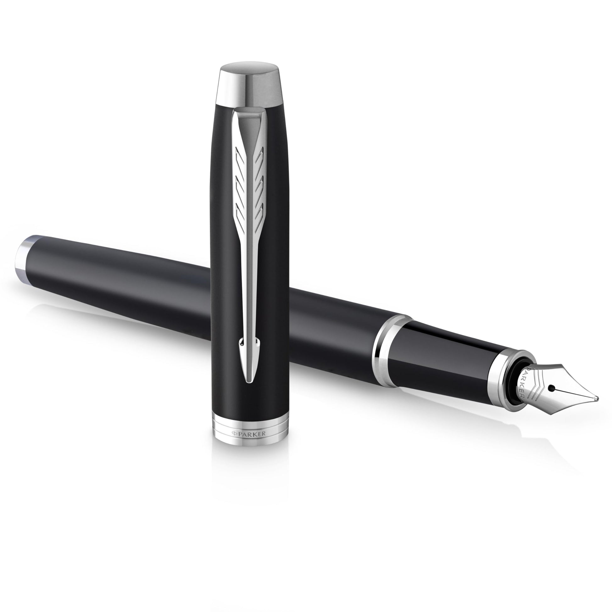 PARKER IM Fountain Pen | Matte Black with Chrome Trim | Fine Point with Blue Ink Cartridge | Gift