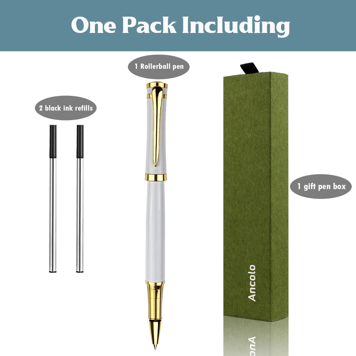 Ancolo Elegant Pen Set Black Rollerball Ink– Luxury Writing Pens For Men Or Women. Nice Pen Gift