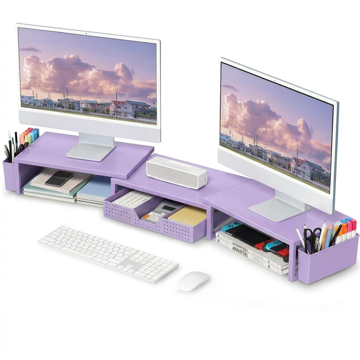 OPNICE Desk Organizers and Accessories, Dual Monitor Stand Riser with Drawer and 2 Pen Holders