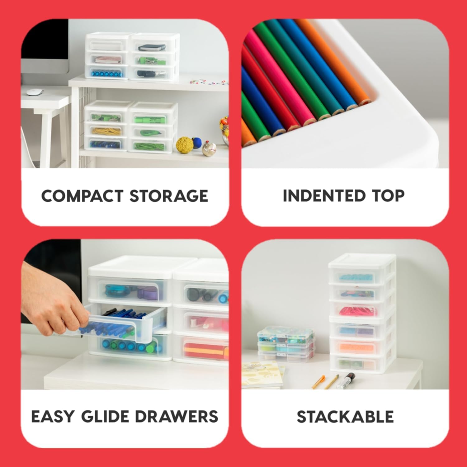 IRIS USA 2-Pack, 3-Drawer Small Plastic Stacking Desktop Organizer, White