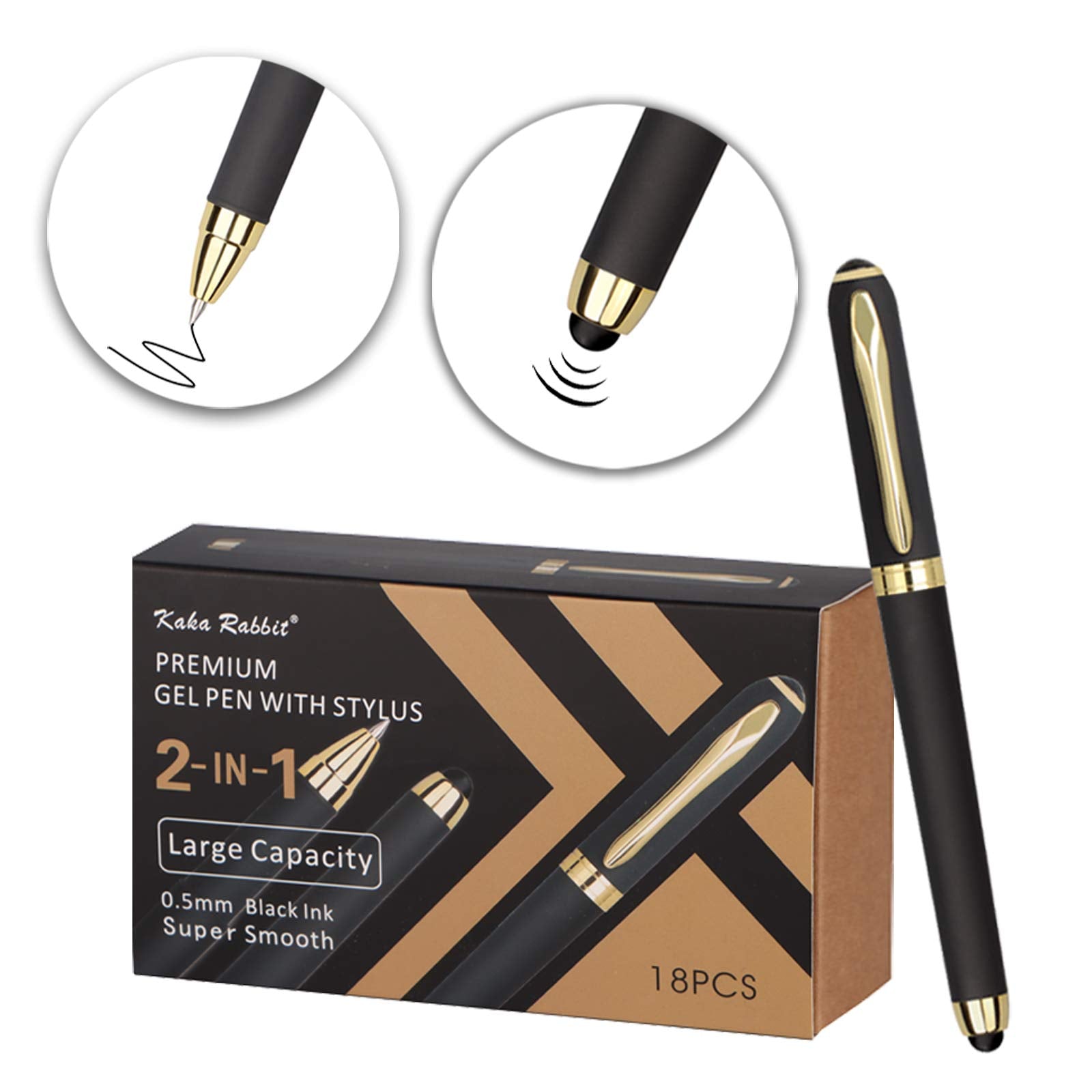 KAKA RABBIT Gel Ink Rollerball Stylus Pen - 18 Pack,0.5mm Fine Point,Large Capacity Black