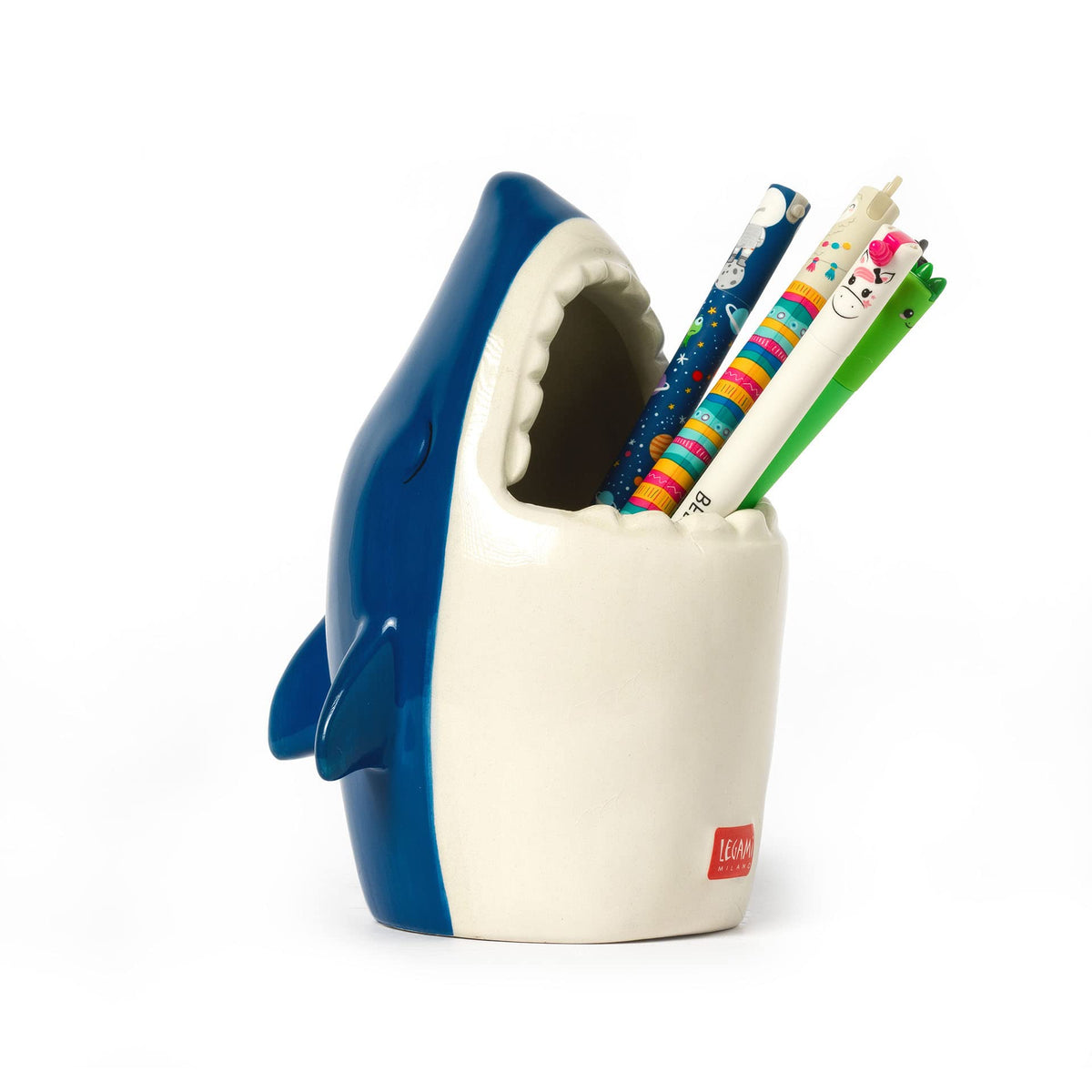 LEGAMI Desk Friends Ceramic Pen Holder, 12.5 x 7.5 cm, Shark Theme, for Desk, Hand Painted
