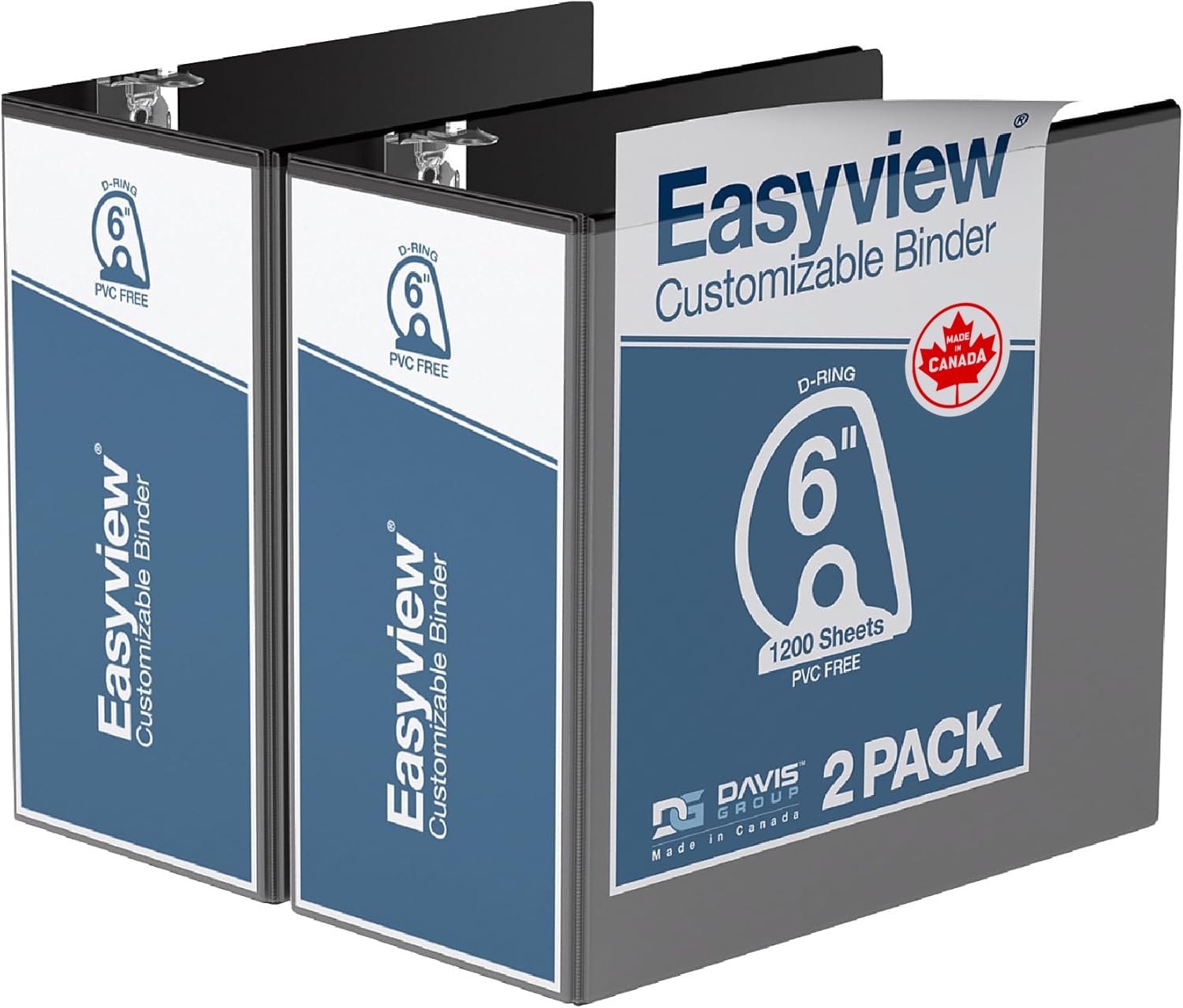 Easyview 3-Ring Binder, Clear-View Cover, 6" D Rings, Black, 2 Pack