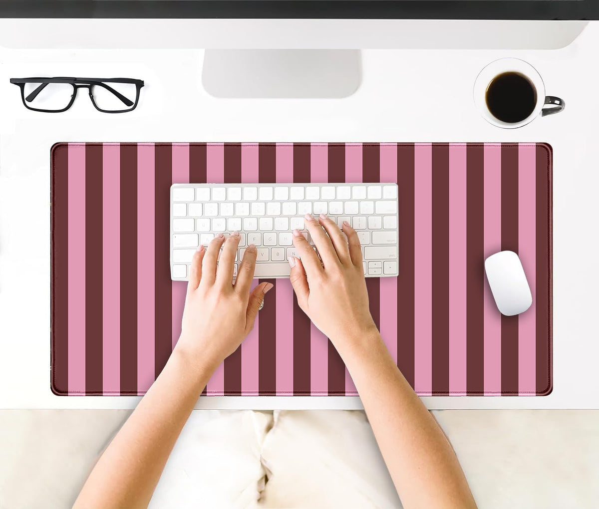 Pink and Burgundy Striped Desk Mat Cute Pastel XXL Large Gaming Mouse Pad Desk Pad Kawaii Cozy