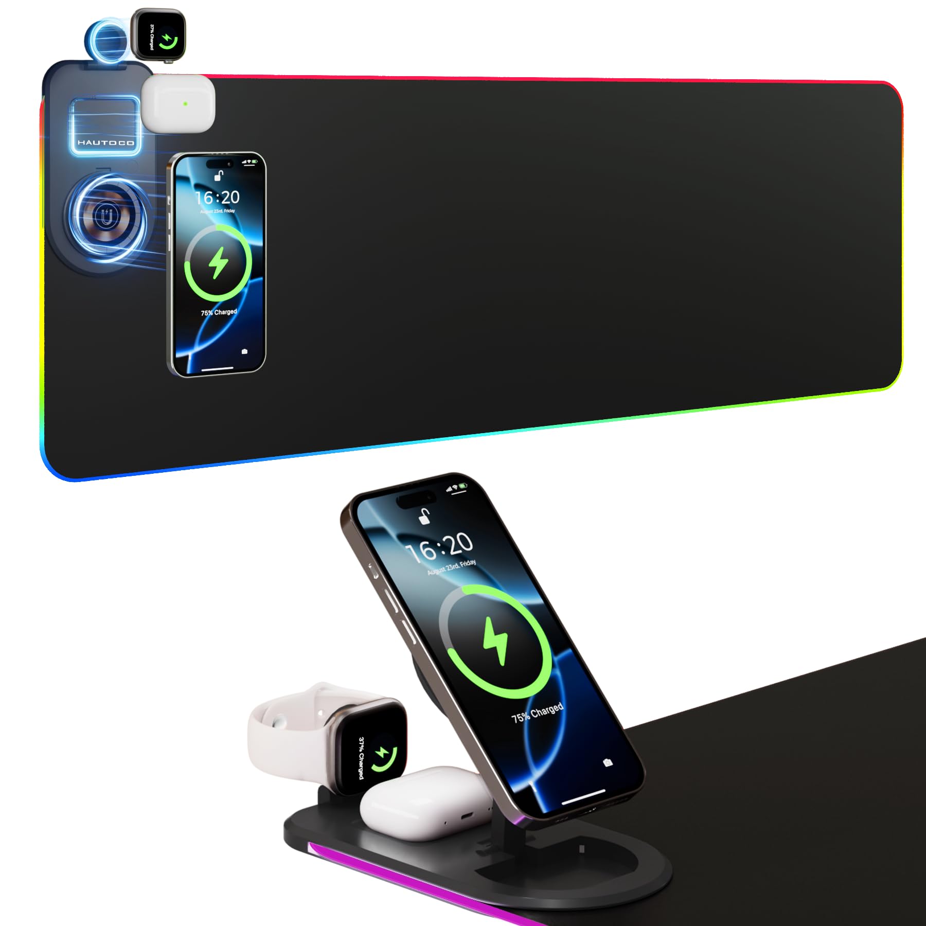 HAUTOCO Wireless Charging Mouse Pad, RGB Large Gaming Desk Mat