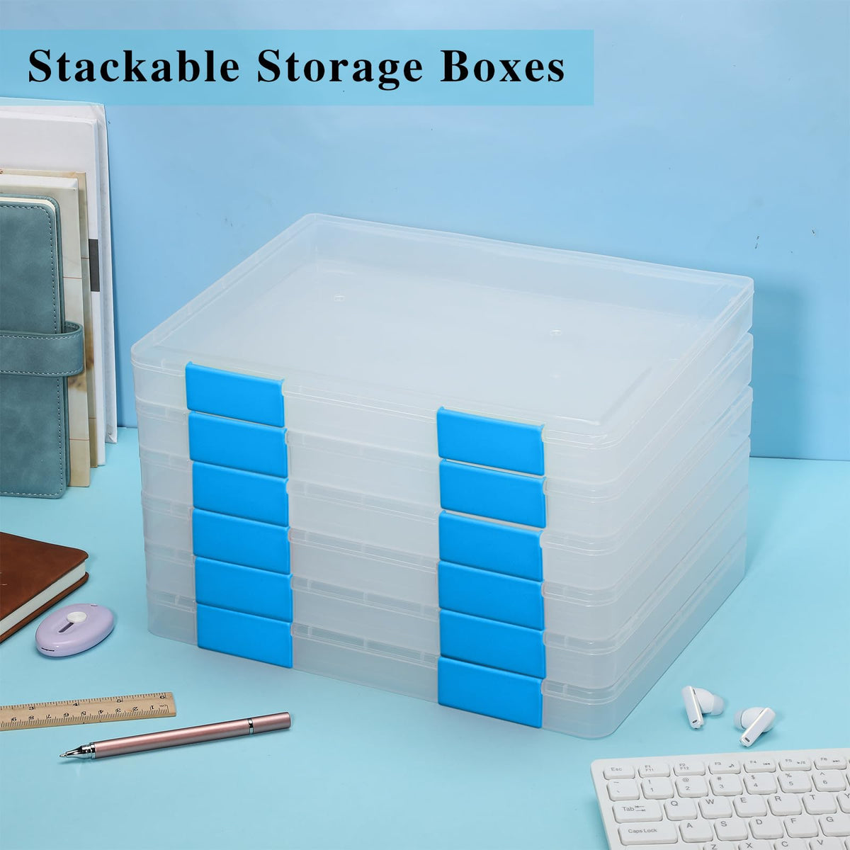 PerKoop 6 Pcs Clear Paper Storage Box,12.4 x 9.84 x 1.18 Inches,Blue