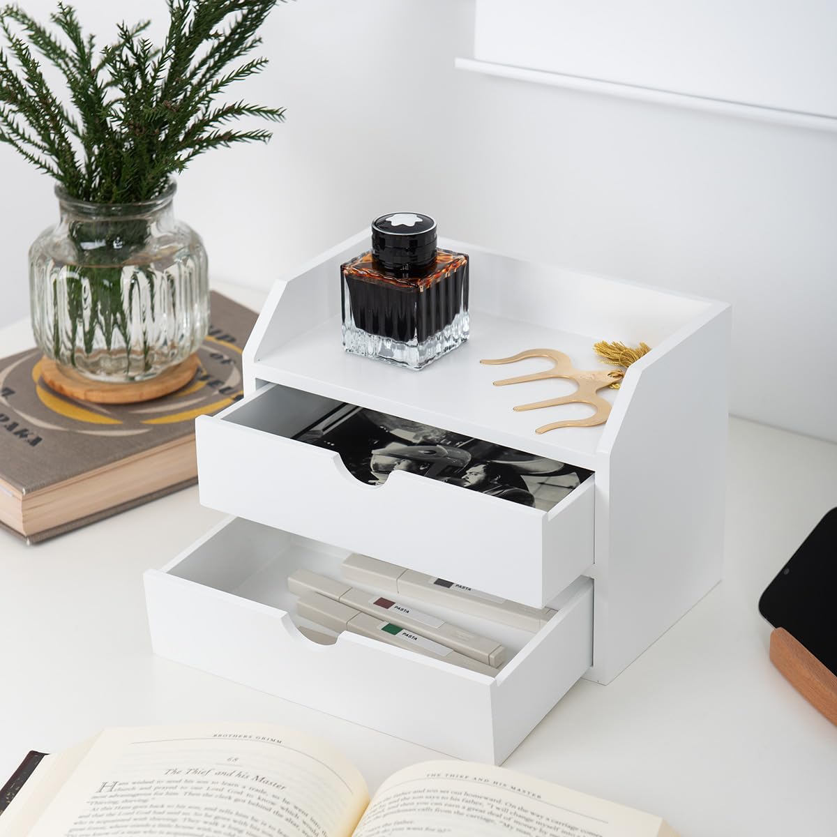 ROSE BLOOM White Wood Desk Organizer with 2 Drawers, Mini Cabinet with Storage Shelf for Tabletop