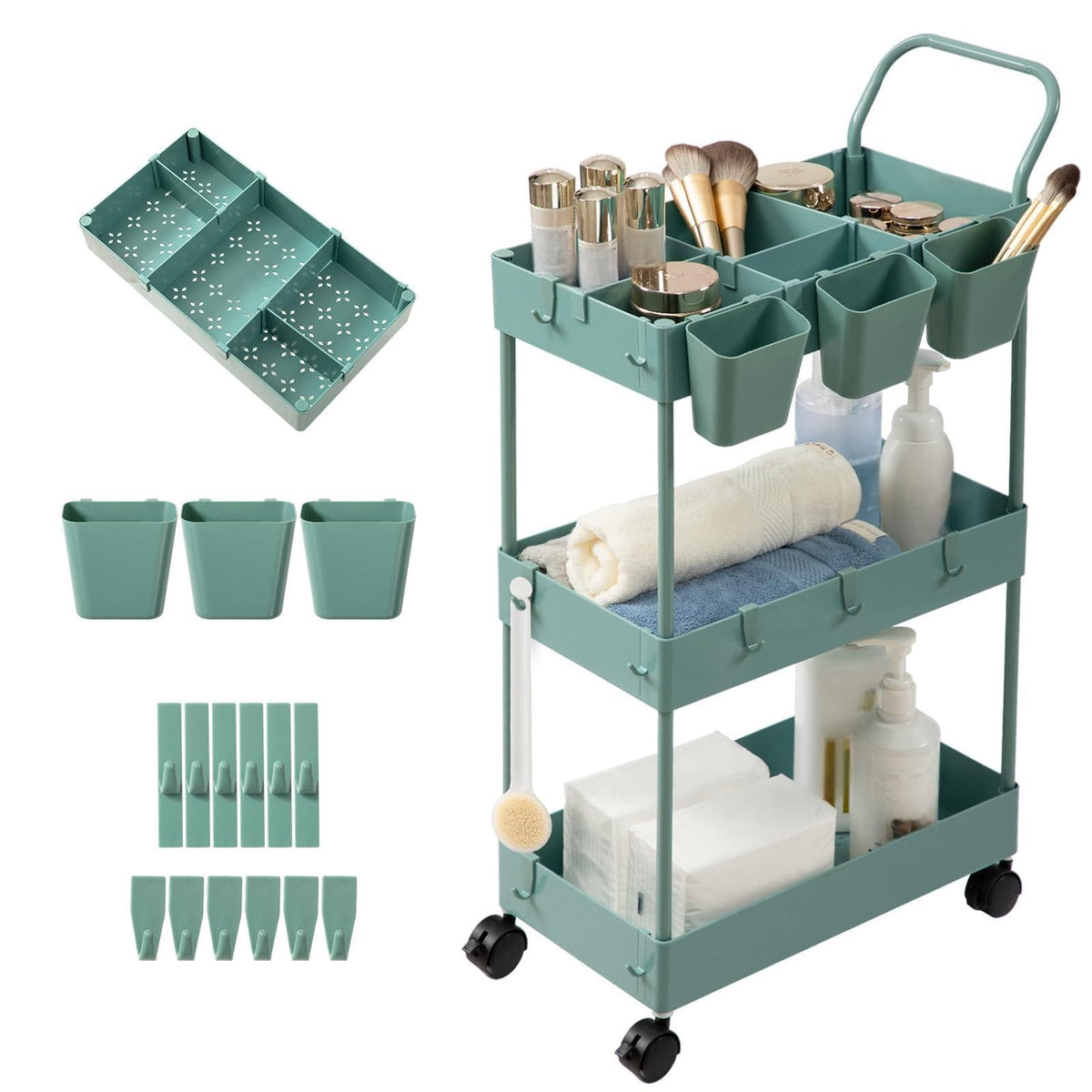 danpinera Storage Cart on Wheels, 3 Tier Bathroom Cart Organizer Slim Laundry Narrow Shelf with
