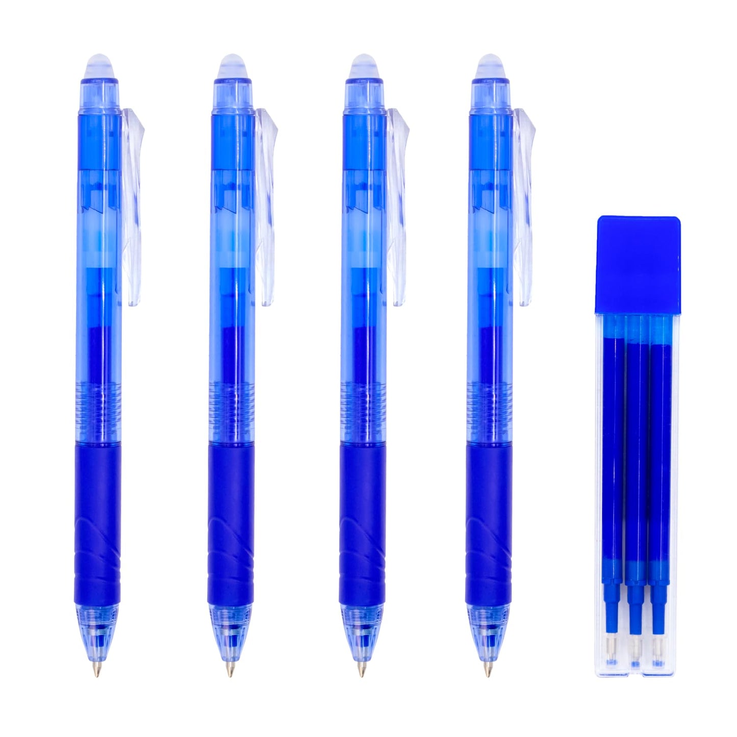 RAYLU PAPER® - Pack of 4 Retractable Erasable Pens and 3 Refills, with Hybrid Gel Ink, Blue and