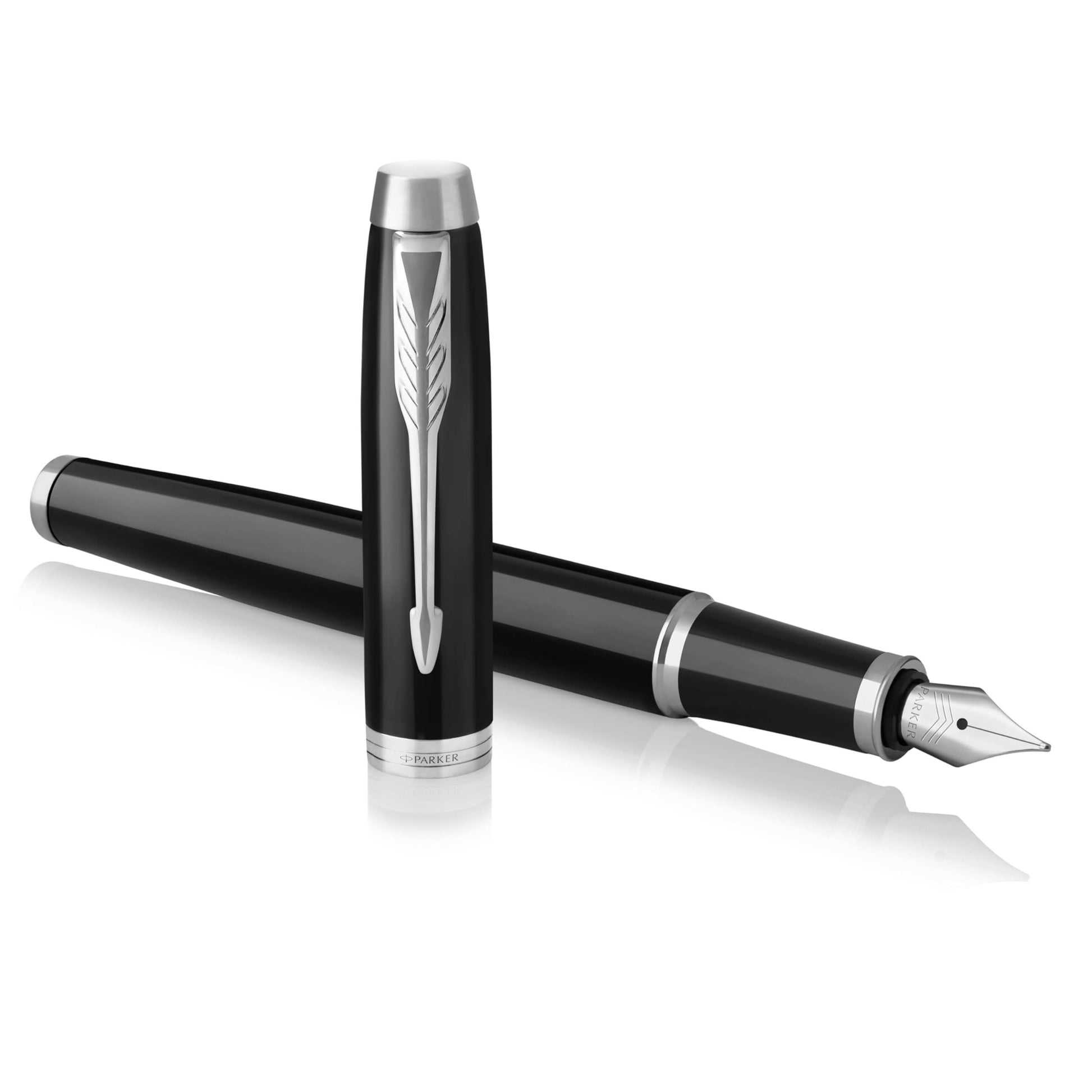PARKER IM Fountain Pen, Black Lacquer Chrome Trim, Fine Nib with Blue Ink Refill (1931644)