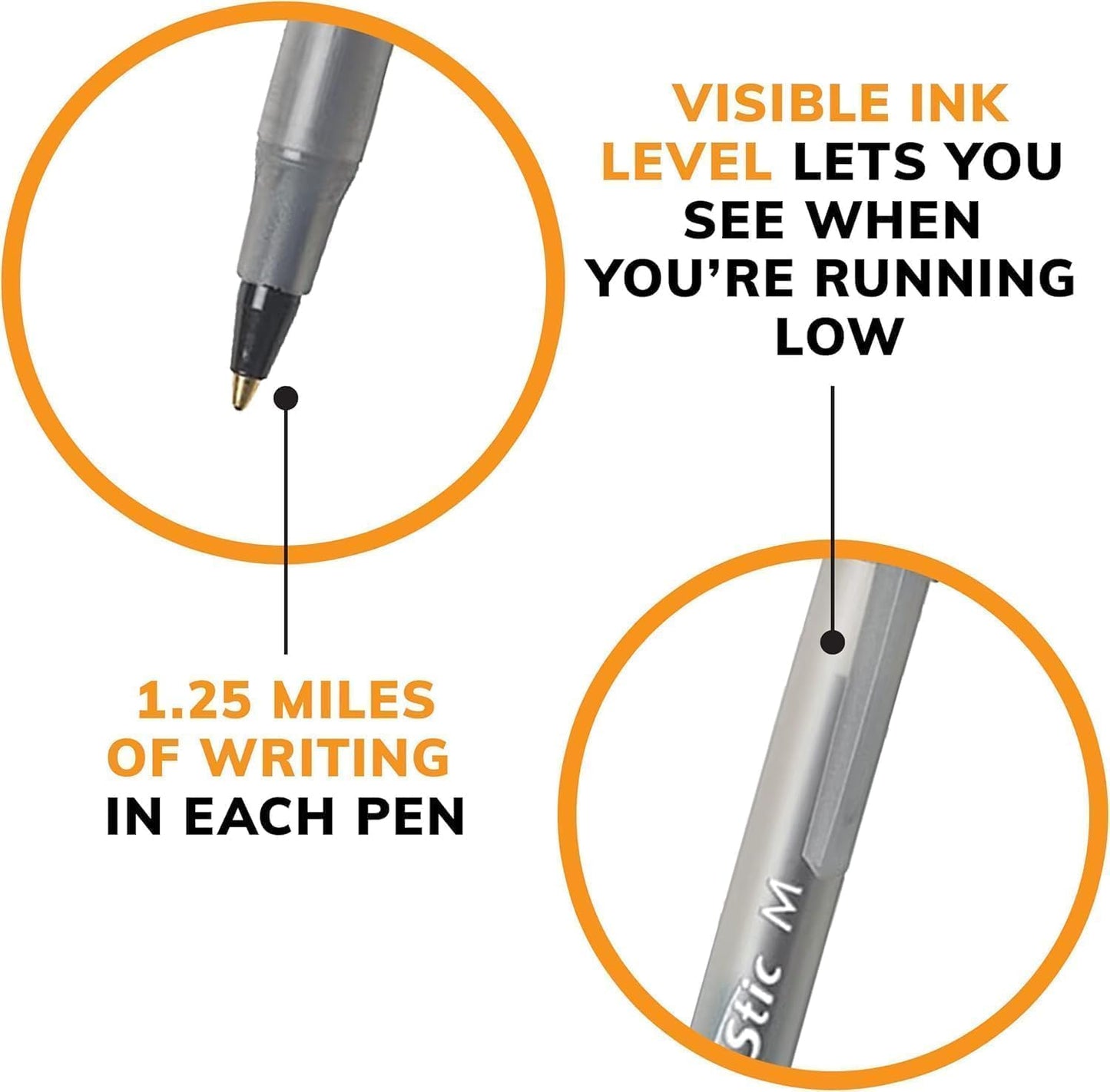 BIC Round Stic Xtra Life Ballpoint Pens - 1mm, Pack of 96 Black Pens