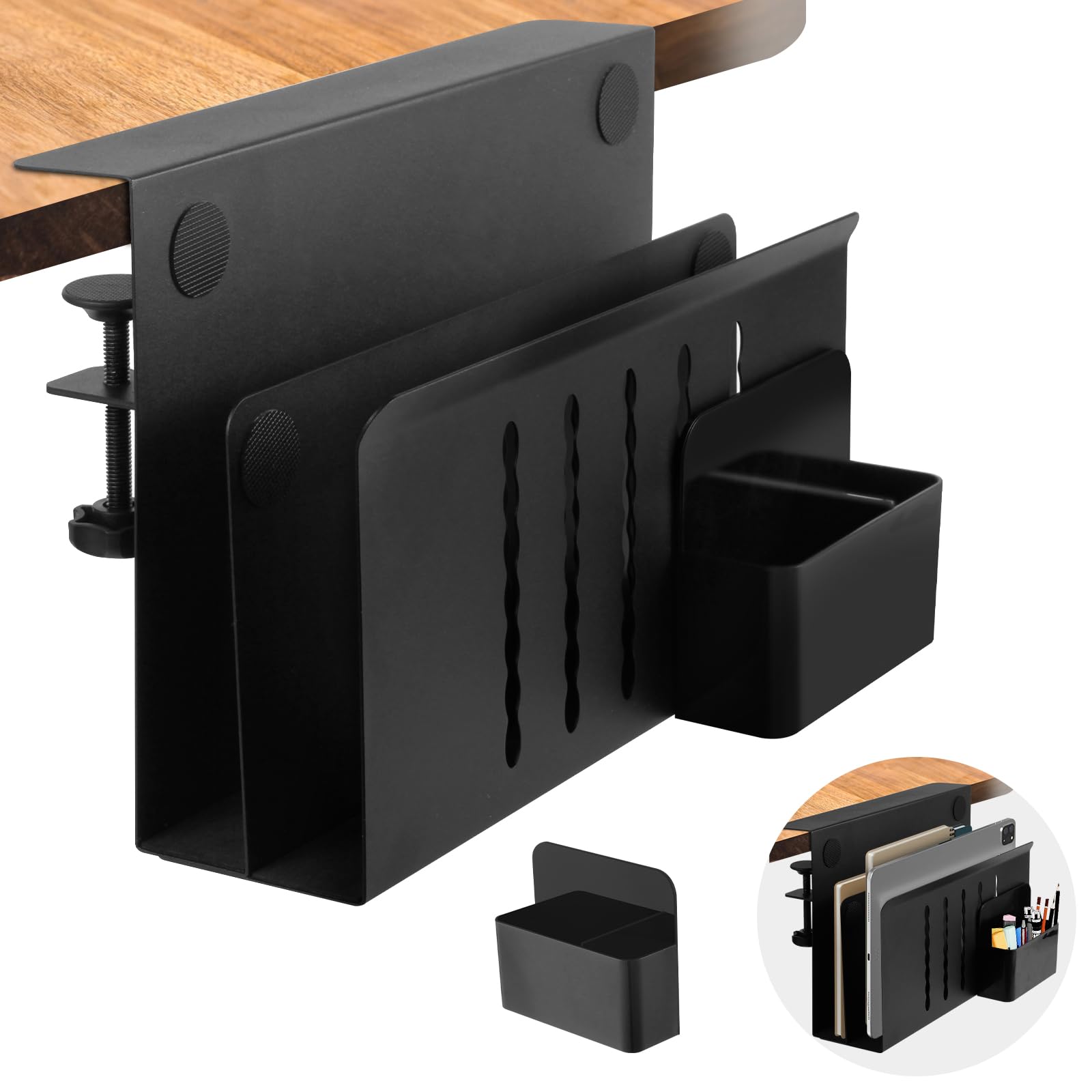 CIBOTIES Desk Side Storage, 2 Tier Steel Hanging Organizer, No Drill Side Desk Organizer, Laptop