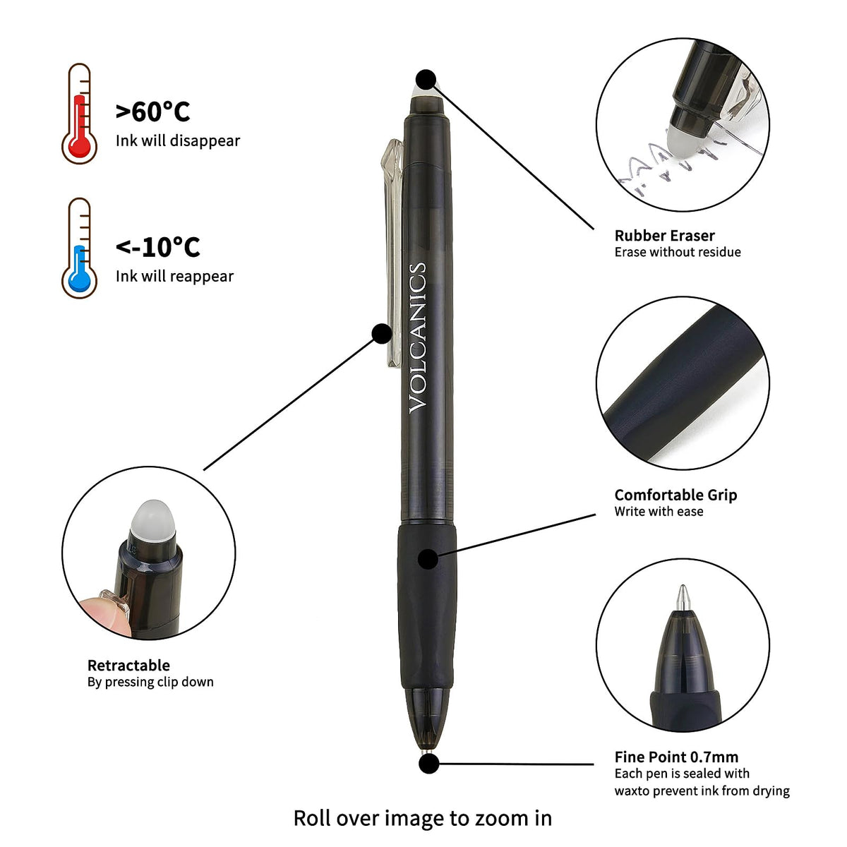 Volcanics Retractable Clicker Erasable Gel Pens, 0.7mm Soft Black, 36 Pack