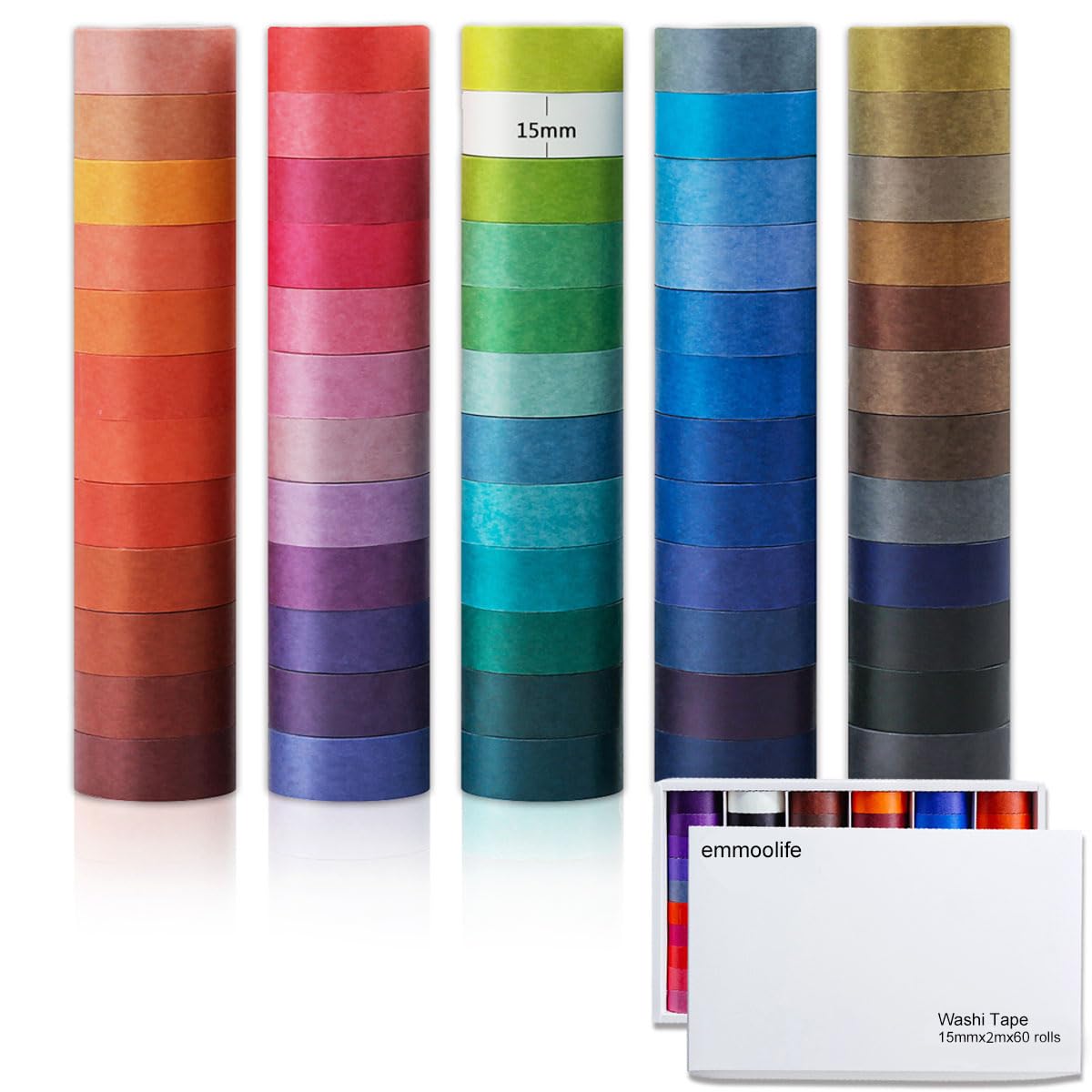 emmoolife 60 Rolls Washi Tape Set 15mm Wide Rainbow Colored Painters Masking Tape Supplies Writable