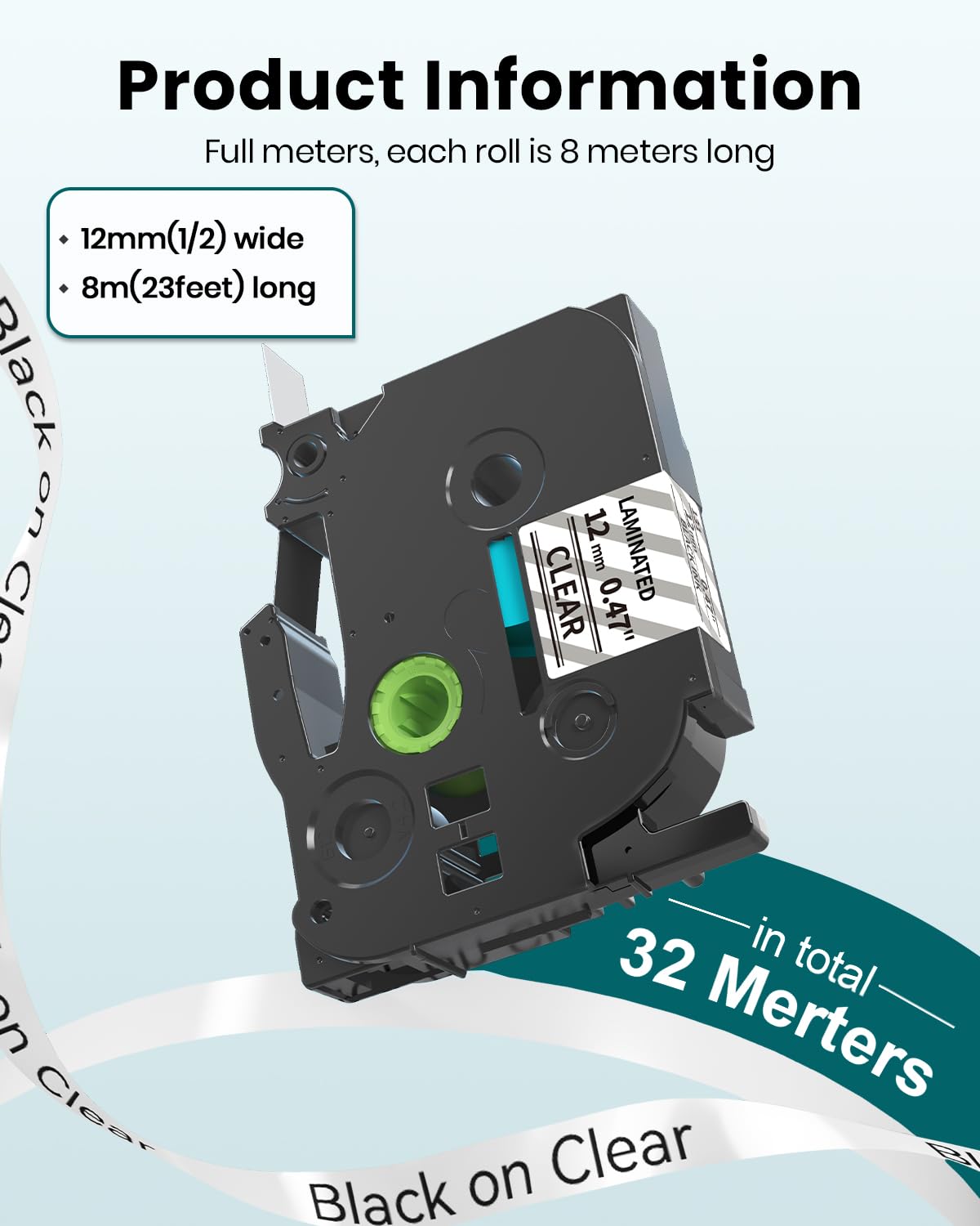 12mm 0.47 Laminated Clear Tape Replacement for Brother P-Touch Label