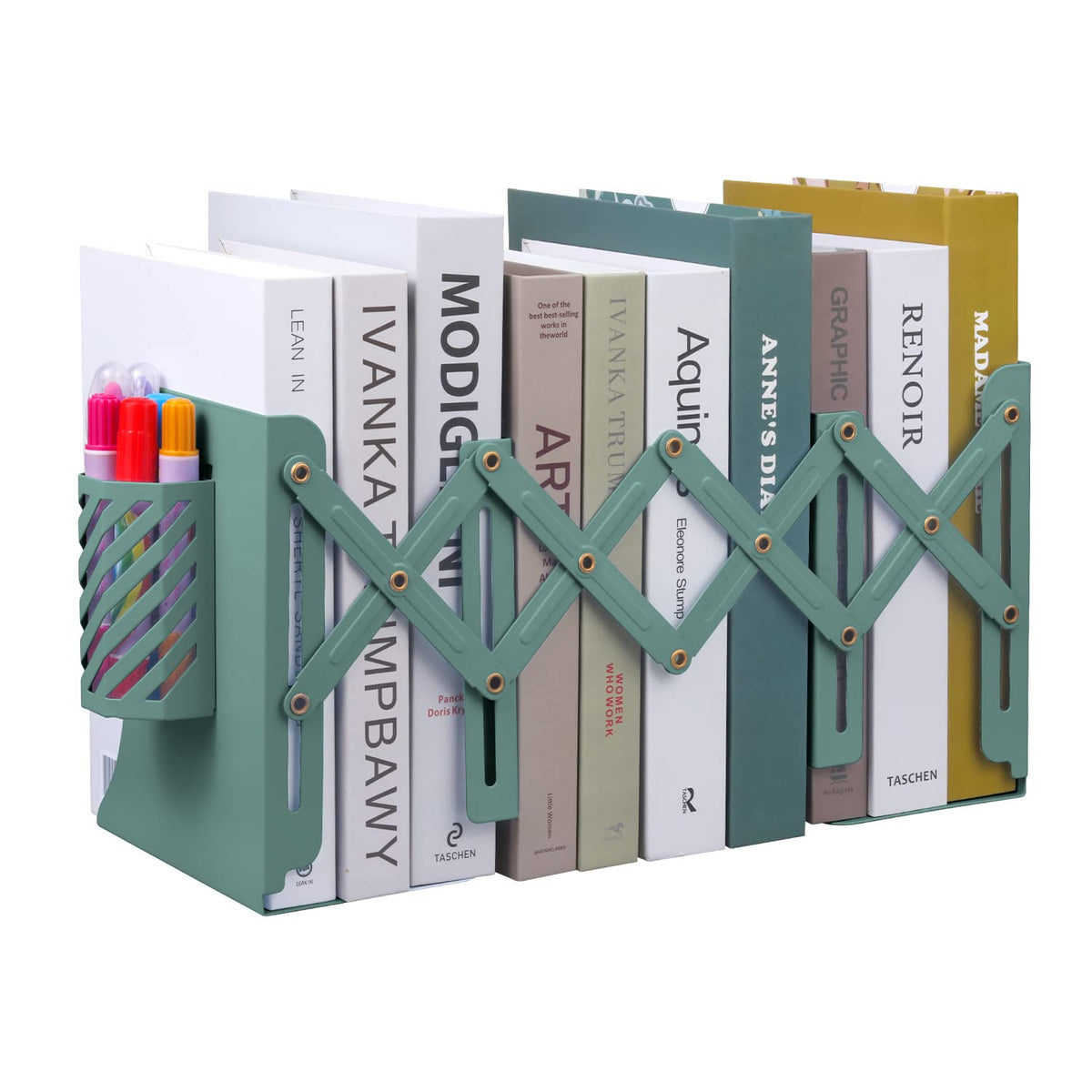 MSDADA Adjustable Bookends, Book Ends for Heavy Books, Expandable Book Organizer with Pen Holder