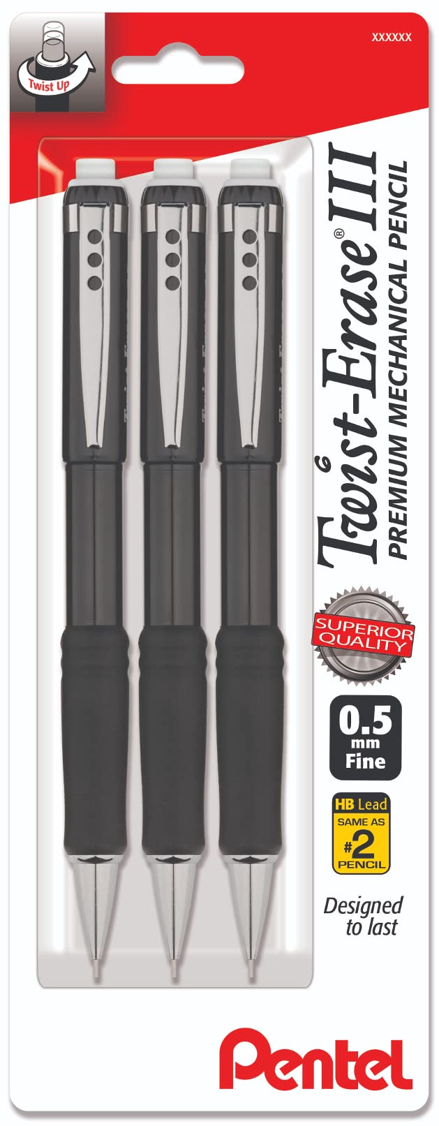 Pentel Twist Erase III Mechanical Pencil, 0.5mm, Black Barrel, Pack of 3
