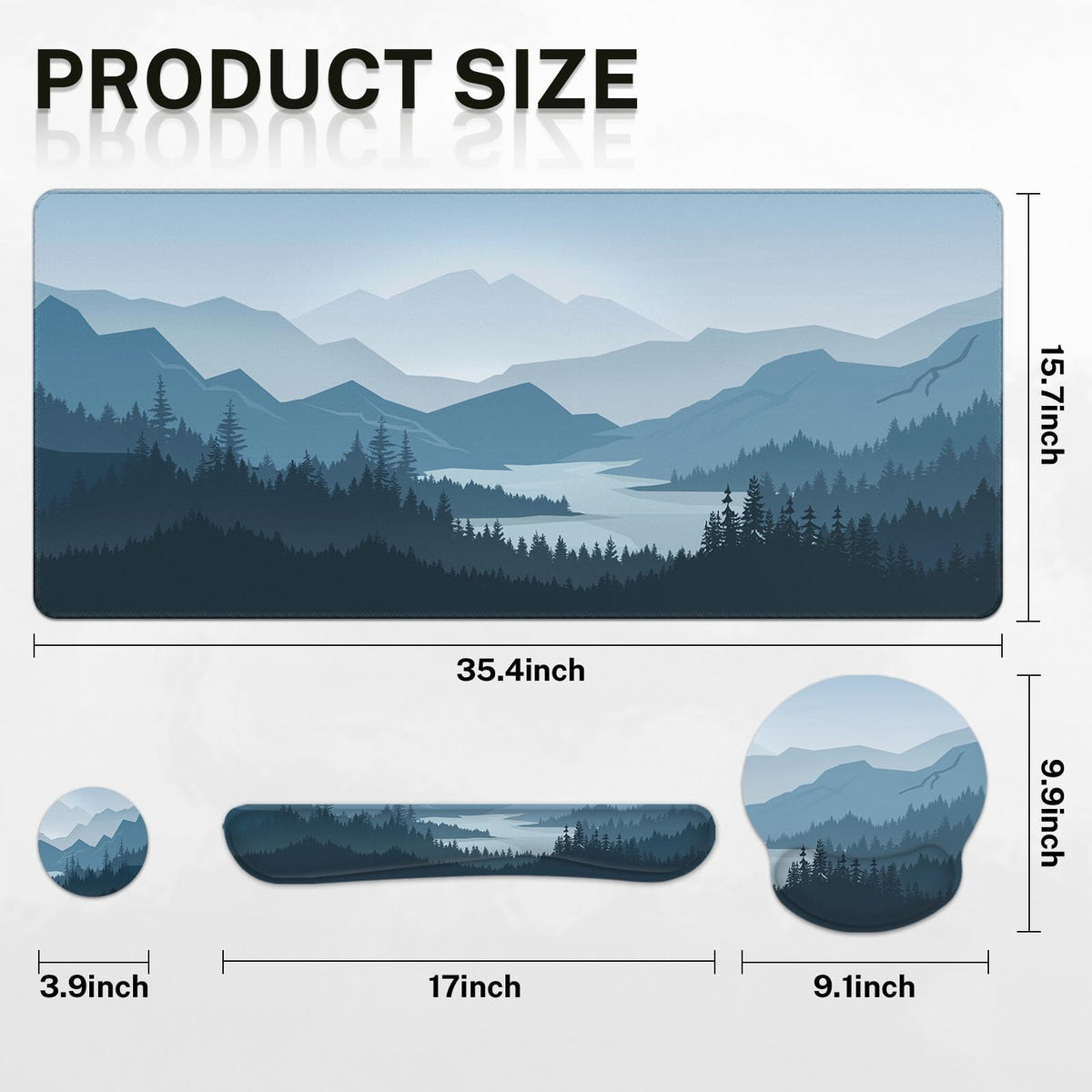 Arttown Keyboard Mouse Pad Set, 4 in 1 Desk Mat Set Mountains Blue