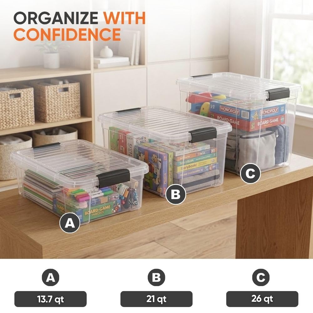 Superio 13.7 Quart Clear Plastic Storage Bin with Lid, Stackable Organizer Box, BPA-Free Storage