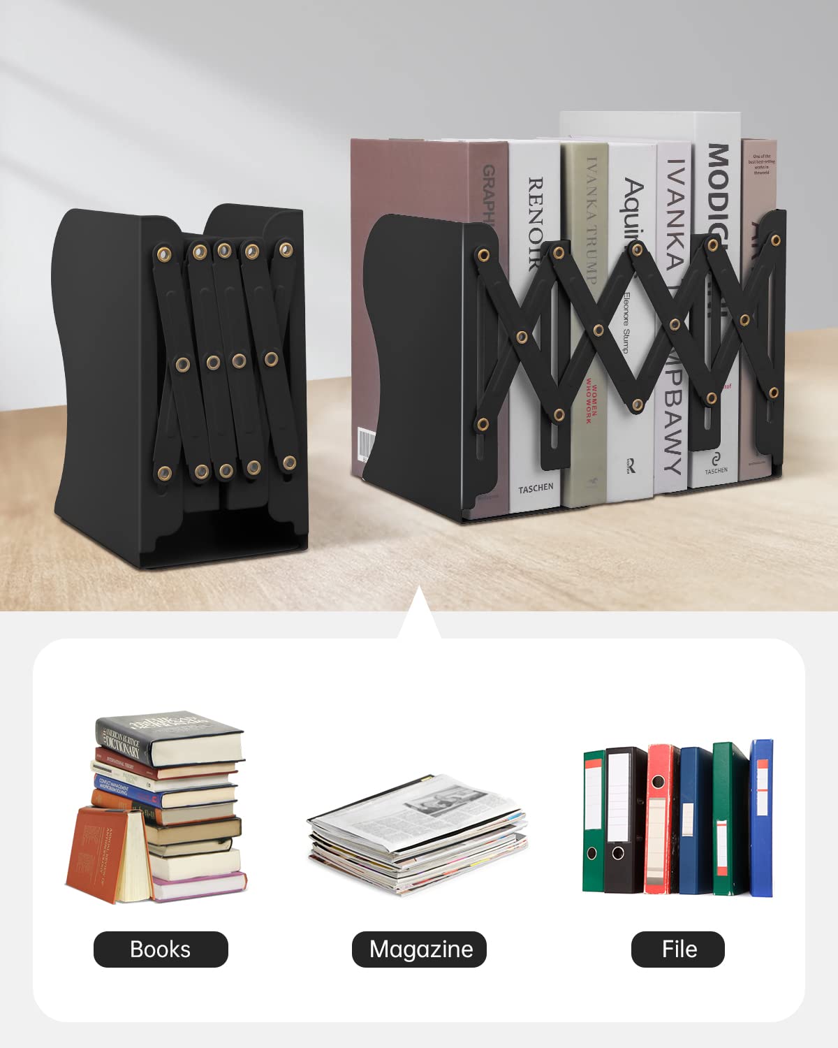 Honagu Adjustable Bookends, Metal Book Ends for Shelves Heavy Book