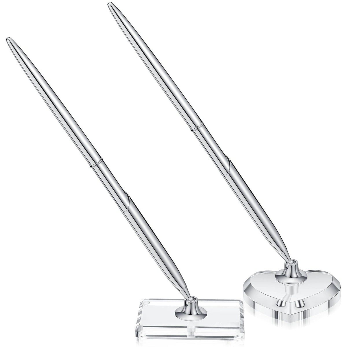 Chinco 2 Sets Silver Guest Pen and Stand, Including 2 Guest Silver Metal Writing Pens with Black