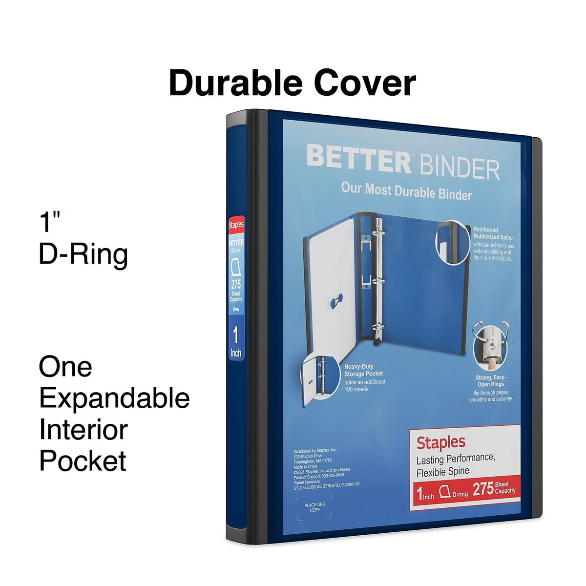 Staples Better Binder, 1 Inch 3-Ring, Navy Blue, Locking Rings, 3-Pk