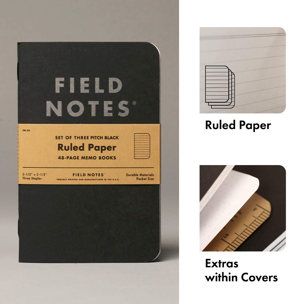 Field Notes 3-Pack Pitch Black Memo Books (3.5" X 5.5"), Ruled, 48 Pages | Thin Pocket Sized EDC