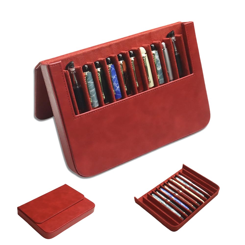 MIVLXLX PU Leather Fountain Pen Case, 12-Slot Pen Storage Tray(red)