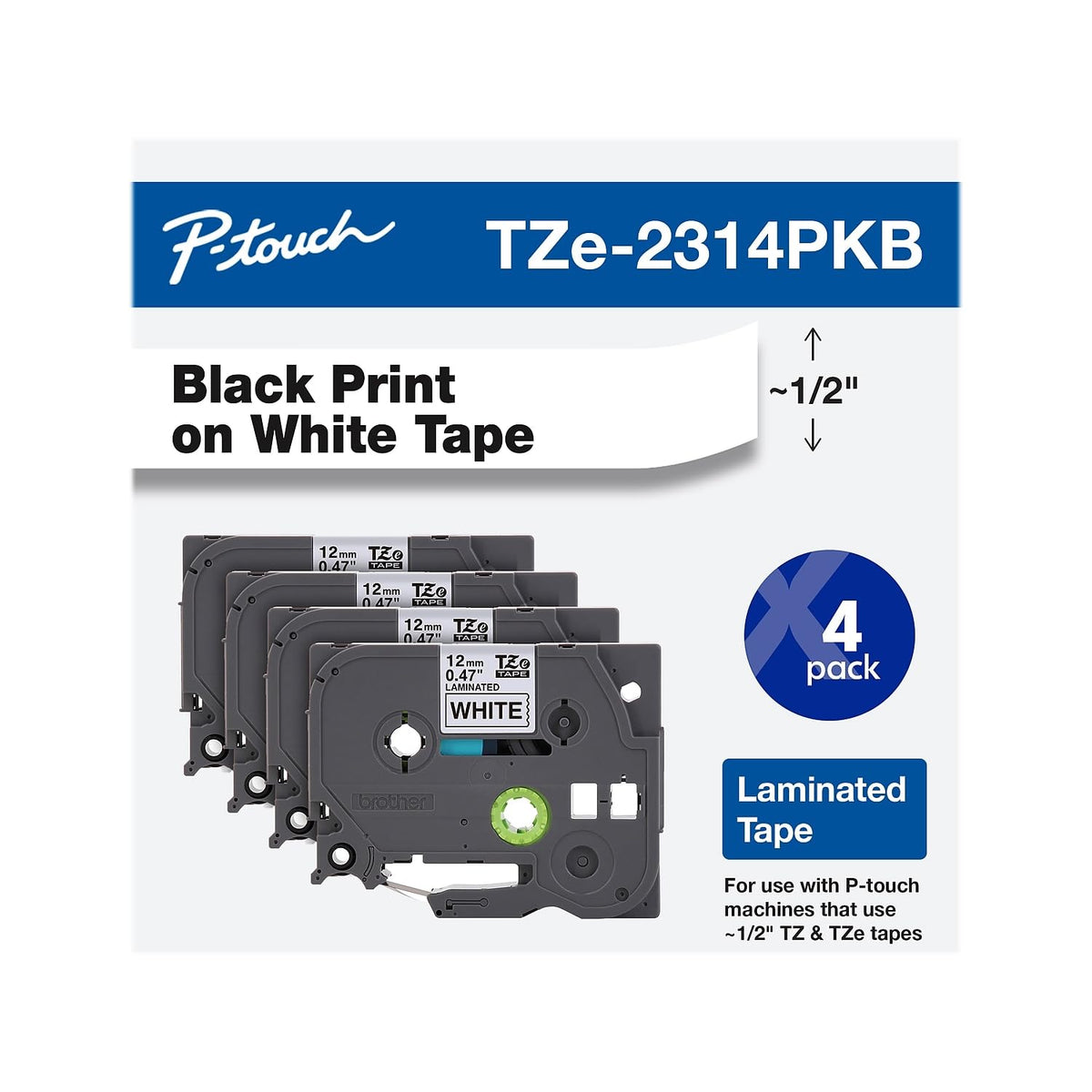 Brother Genuine P-Touch TZe-231 4-Pack Tape (TZE2314PKB) ½” (0.47” or 12mm) x 26.2 ft. (8m)