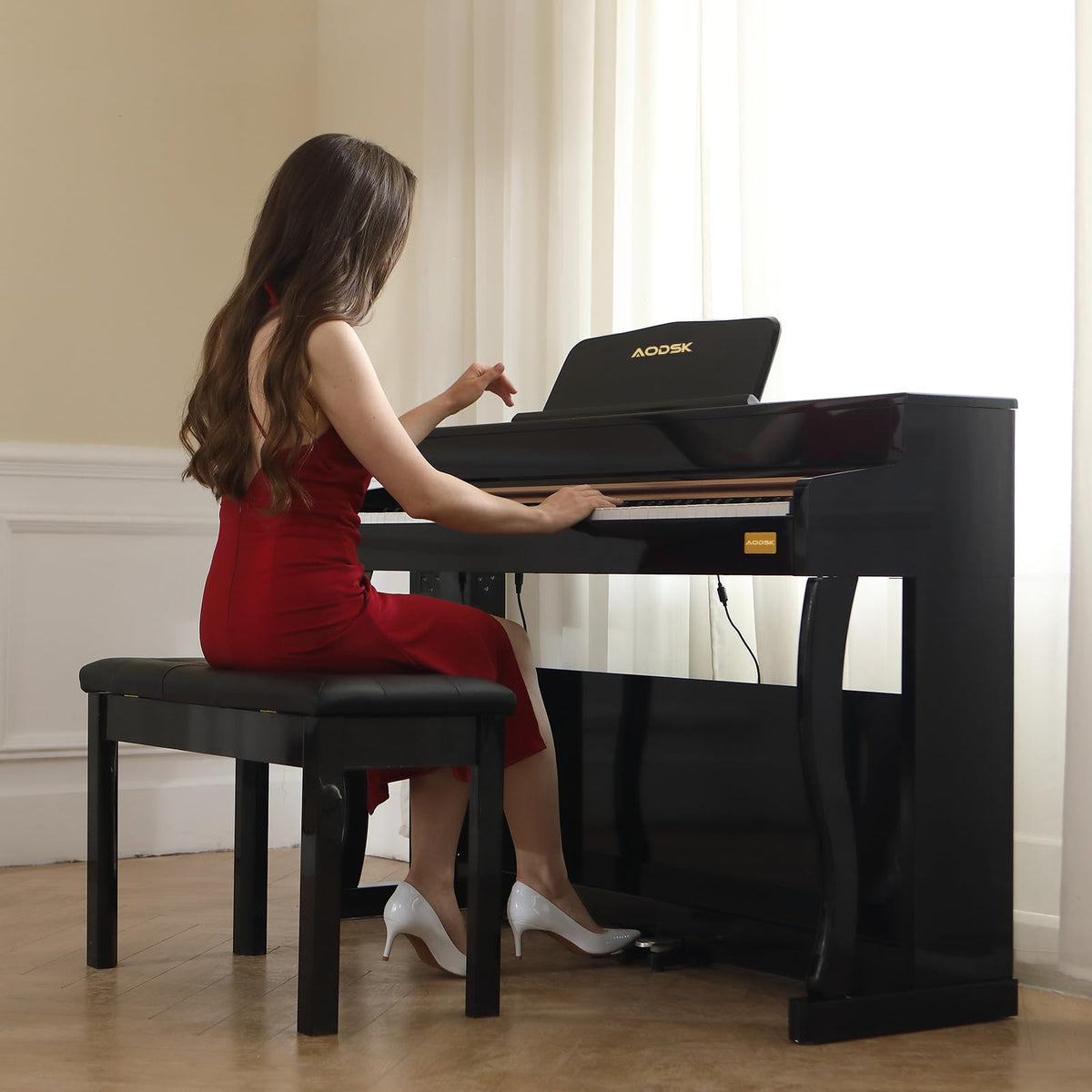 AODSK Wooden Duet Piano Bench with Padded Cushion and Storage Compartment for Music Books