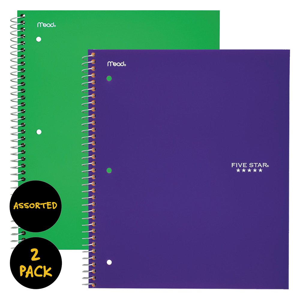 Five Star Spiral Notebooks, 1 Subject, Wide Ruled Paper, 100 Sheets, 10-1/2" x 8", Green, Purple, 2