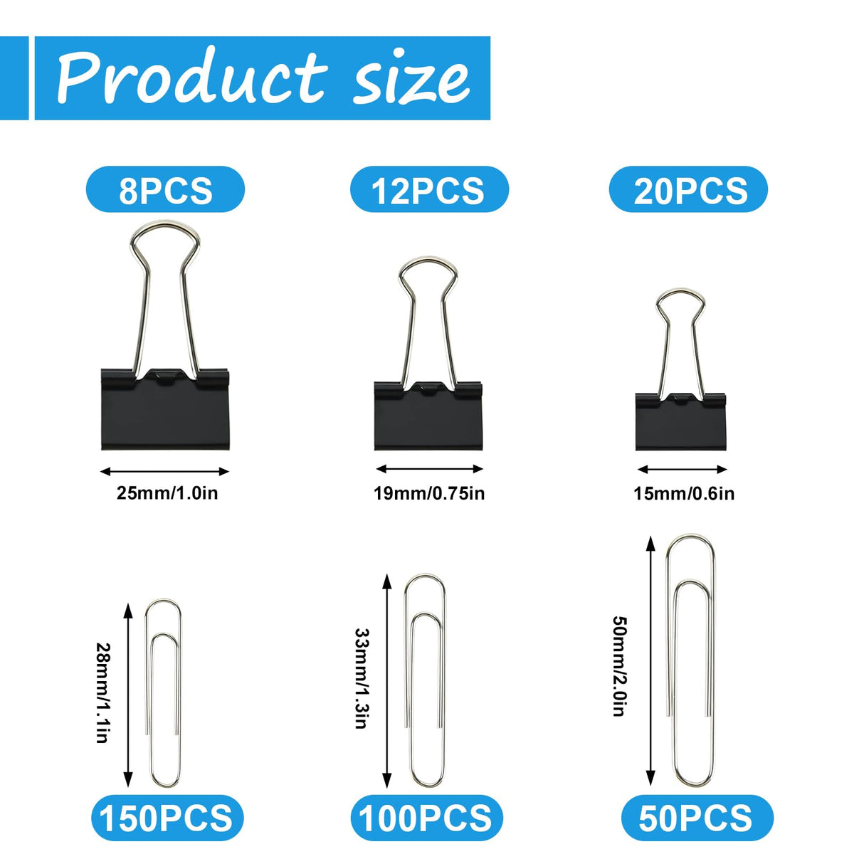 Binder and Paper Clips Set, 340 pcs Assorted Sizes in Container With Compartments - Silver Paper