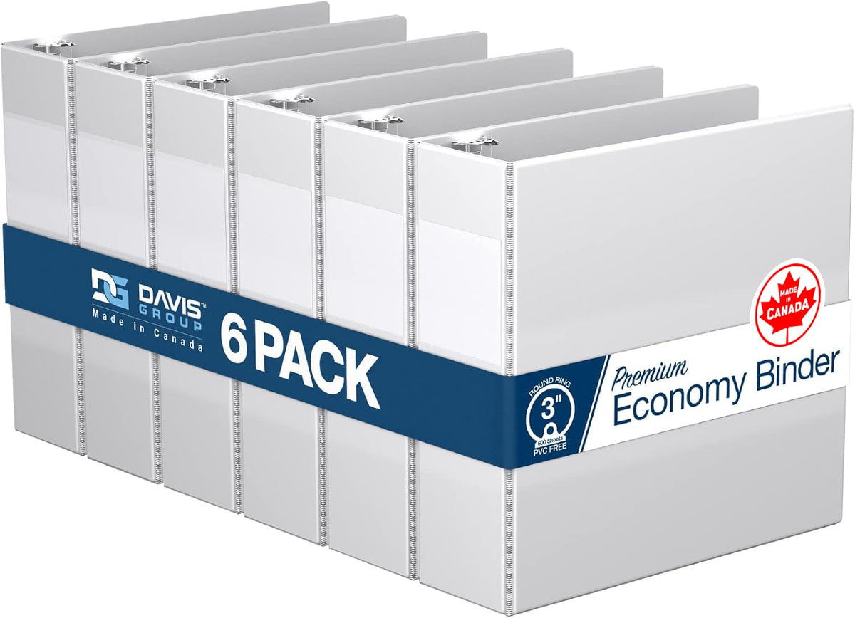 Premium Economy 3-Ring Binder, Spine Label, 3" Round Rings, White, 6 Pack