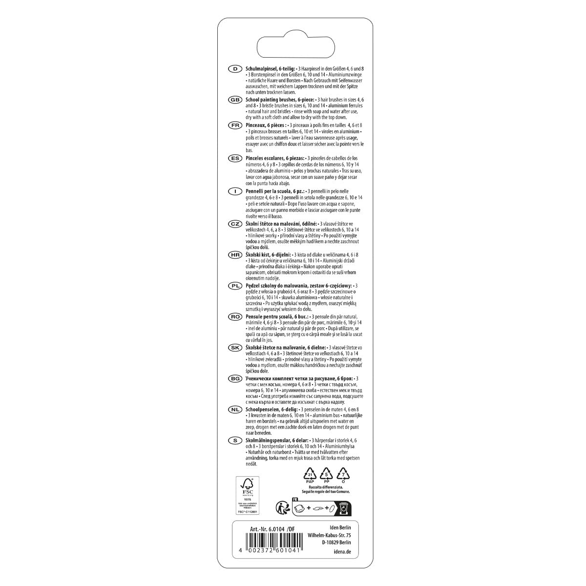 Idena 60104 School Brush, FSC 100%, in 6 Sizes, 3 Round Brushes & 3 Bristle Brushes, Unpainted