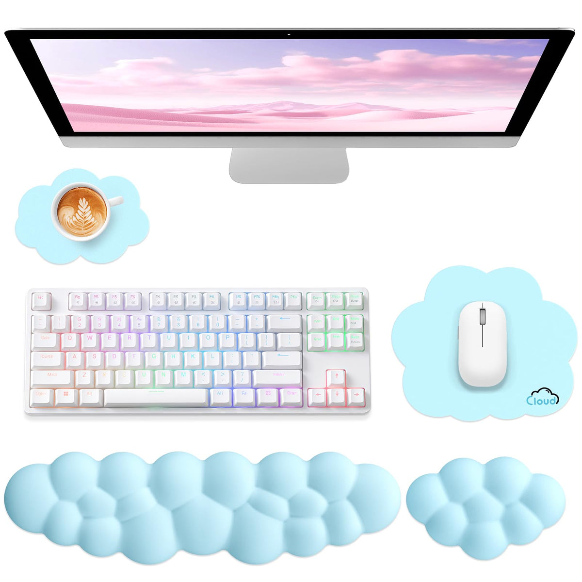 Sushret Cloud Wrist Rest for Computer Keyboard and Mouse Pad Set, Blue